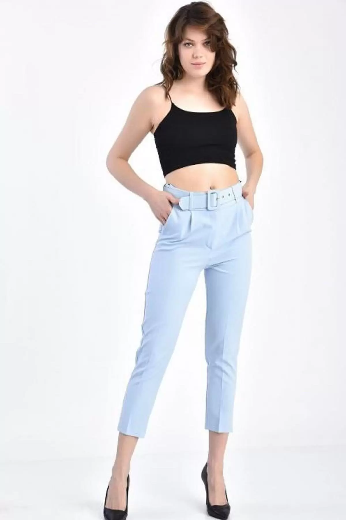 Kemerli Bebe Mavi Bilek Kadın Pantolon