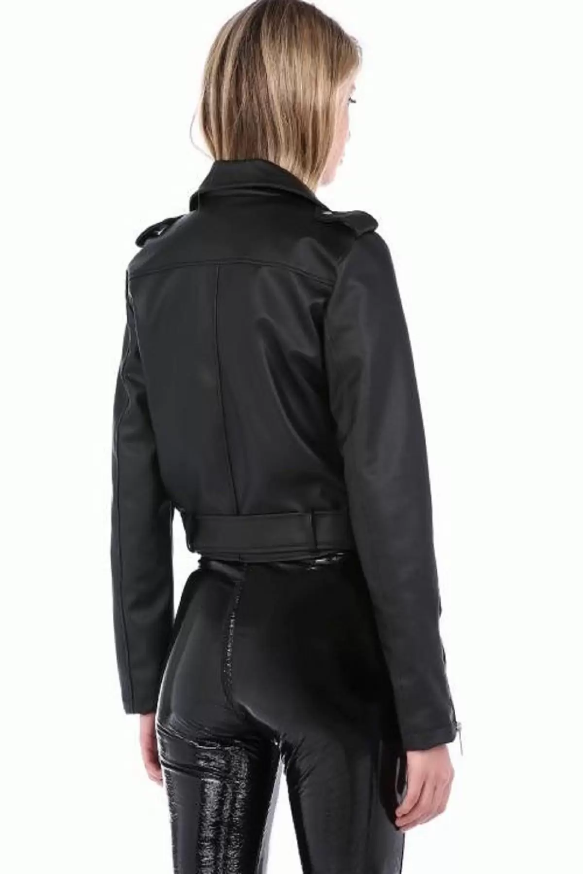 Kemerli Fermuar Detaylı Siyah Kadın Deri Mont