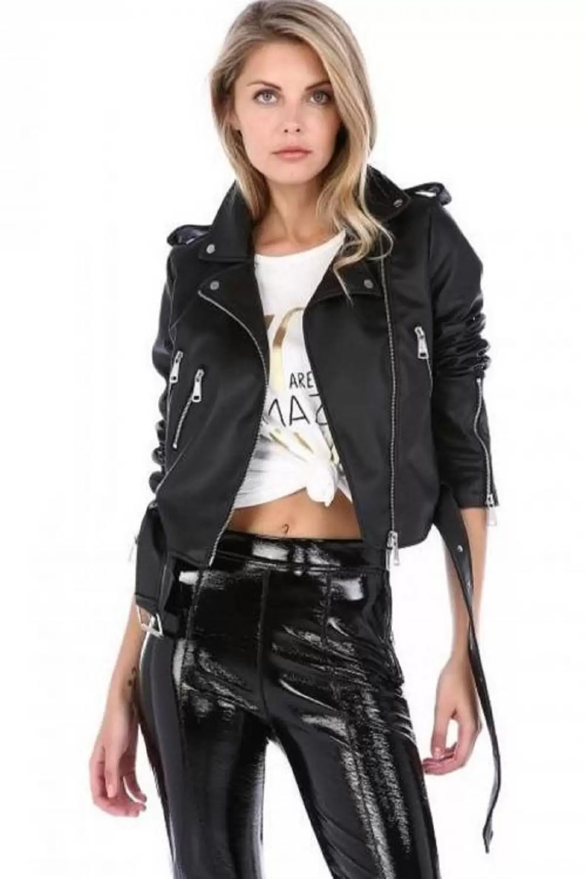 Kemerli Fermuar Detaylı Siyah Kadın Deri Mont