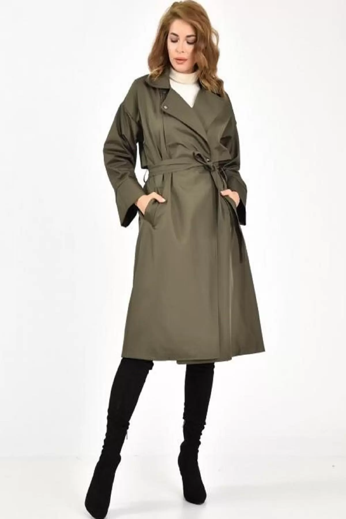 Kemerli ve Çıtçıtlı Haki Kadın Trençkot