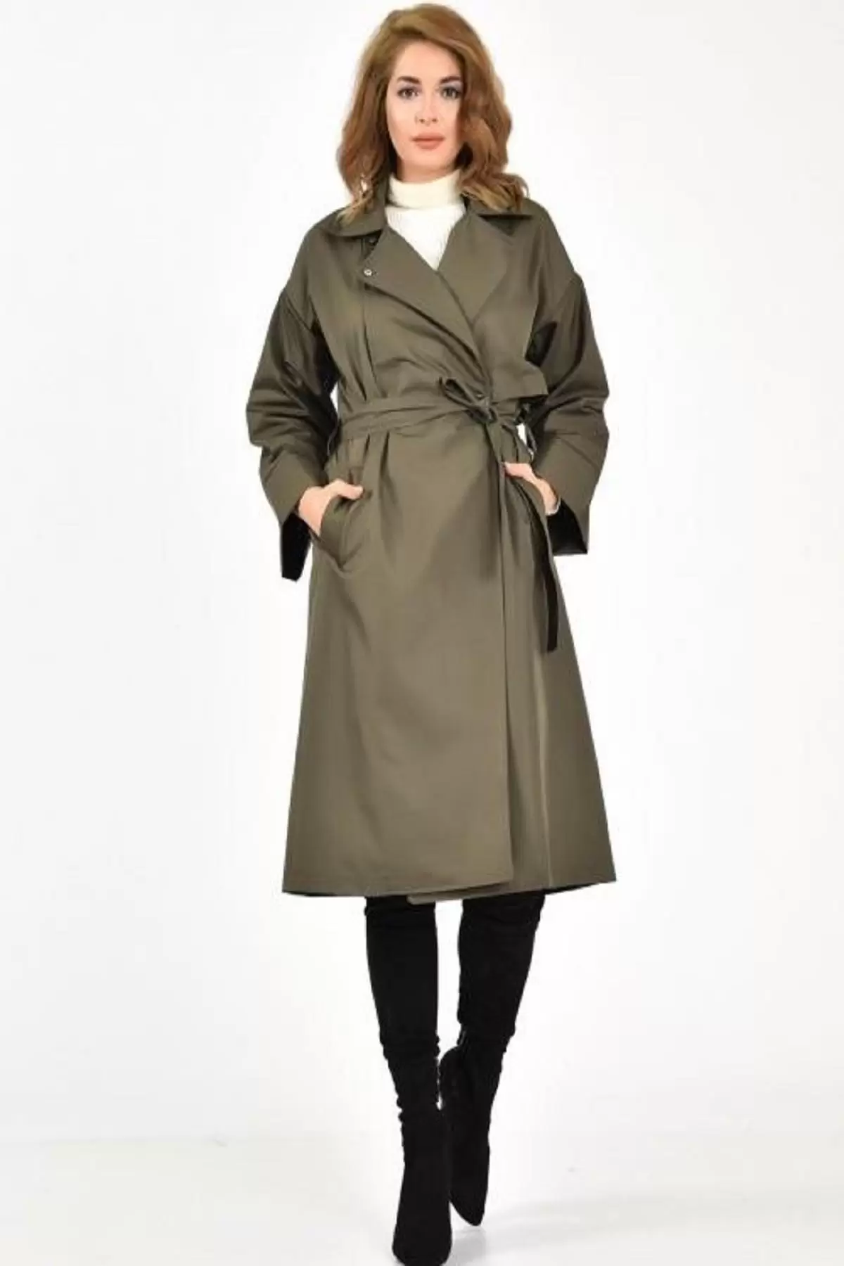 Kemerli ve Çıtçıtlı Haki Kadın Trençkot