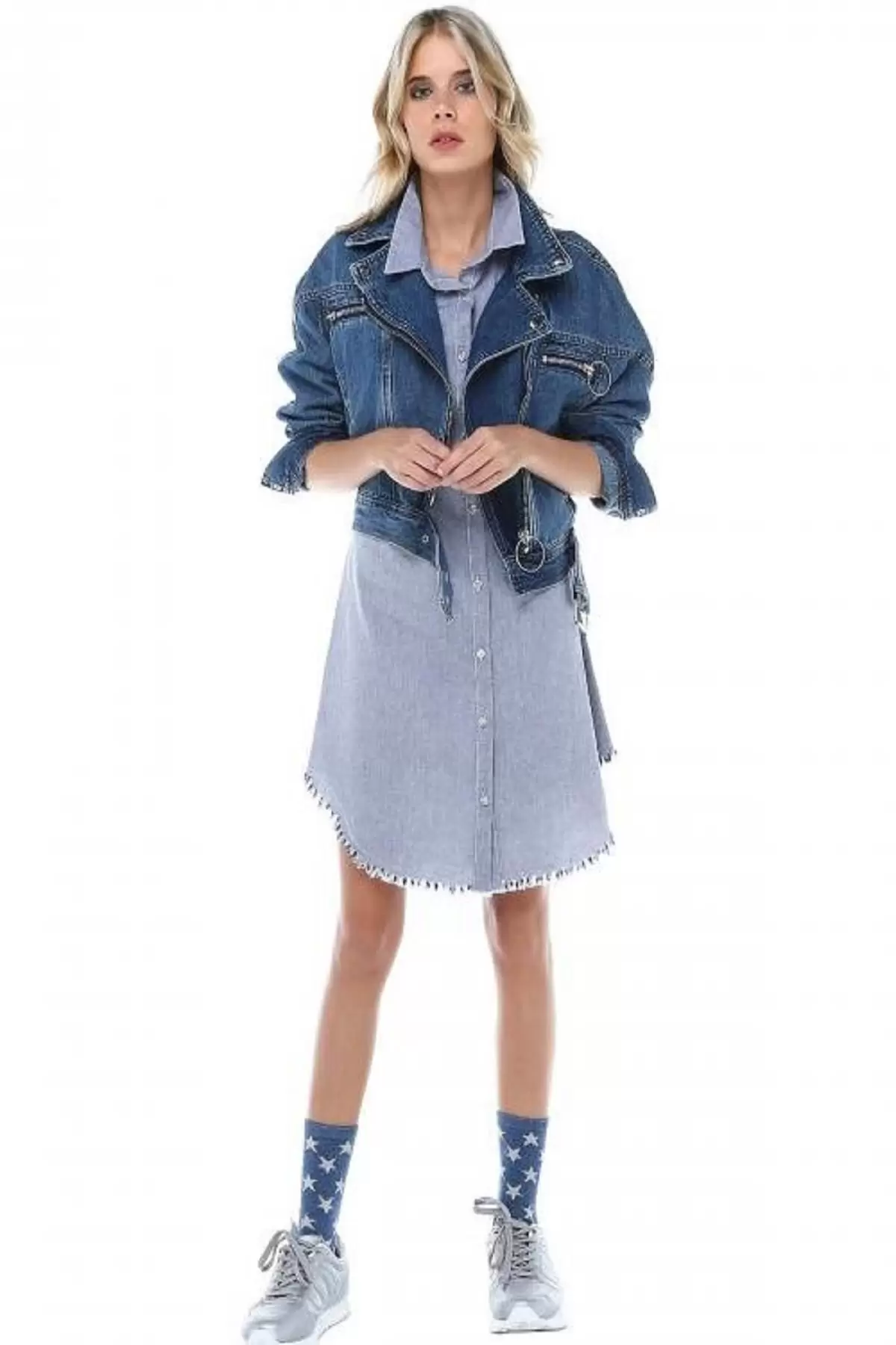 Kenarları Saçaklı Kolları Katlanabilir Gri Keten Kadın Tunik