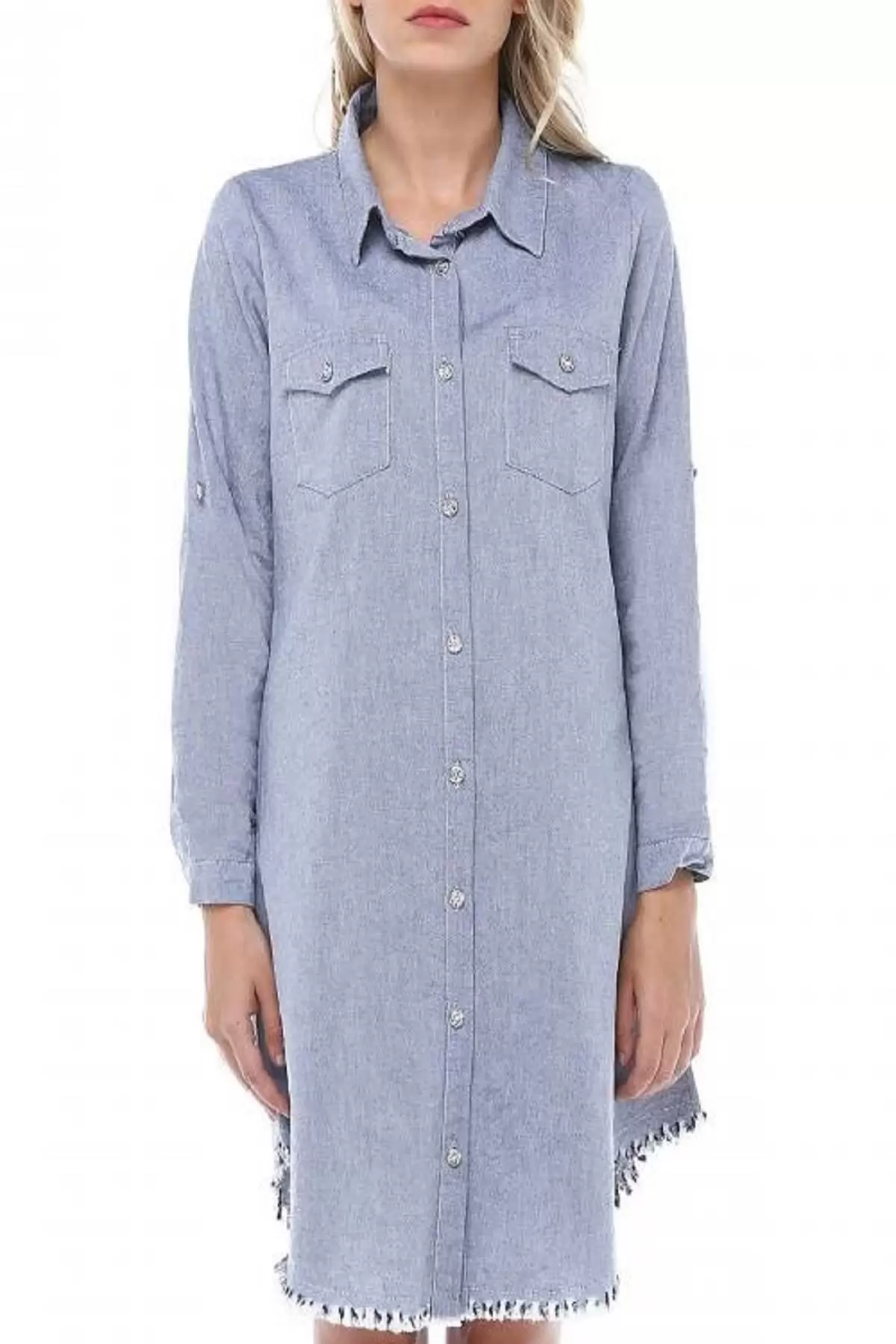 Kenarları Saçaklı Kolları Katlanabilir Gri Keten Kadın Tunik