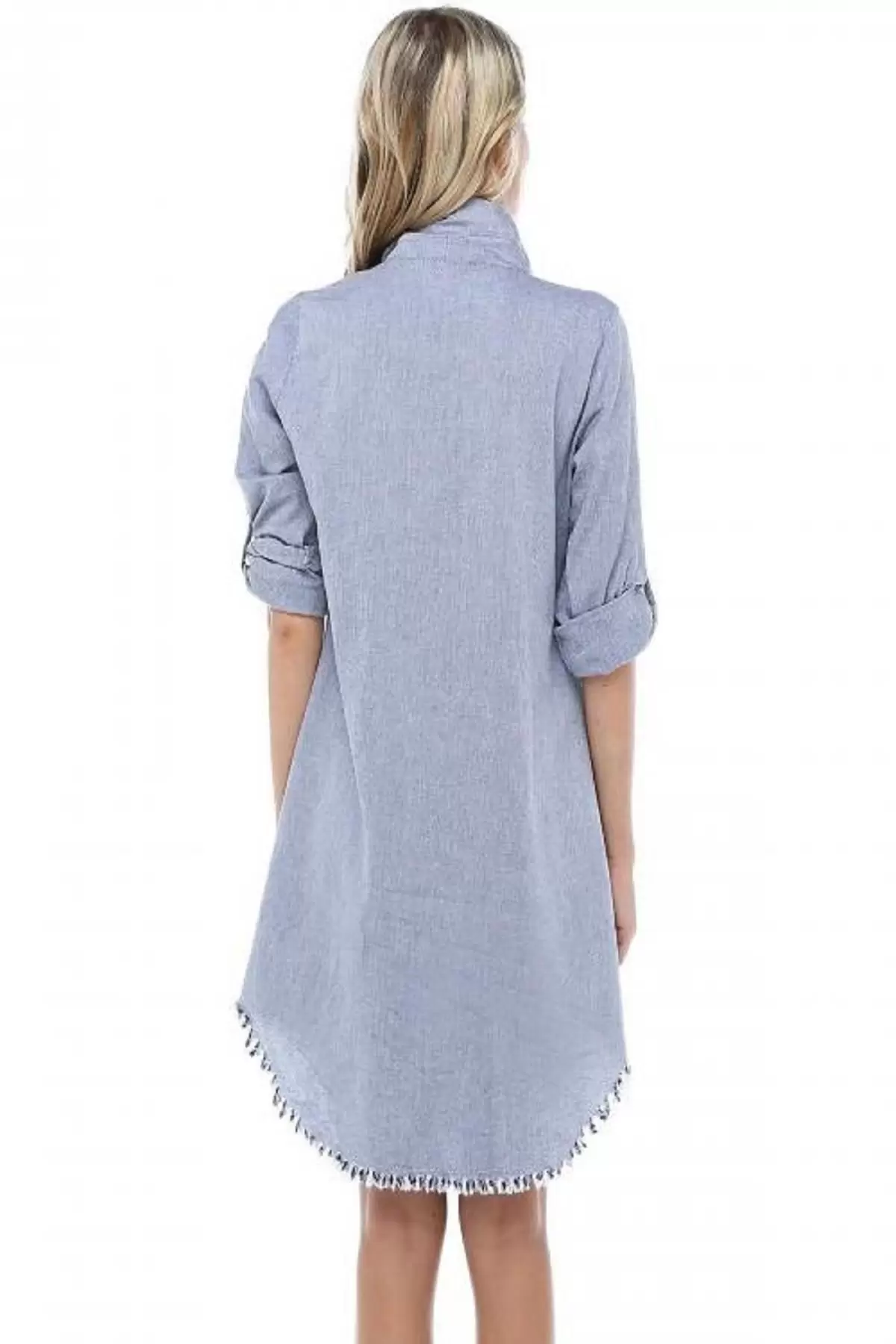 Kenarları Saçaklı Kolları Katlanabilir Gri Keten Kadın Tunik