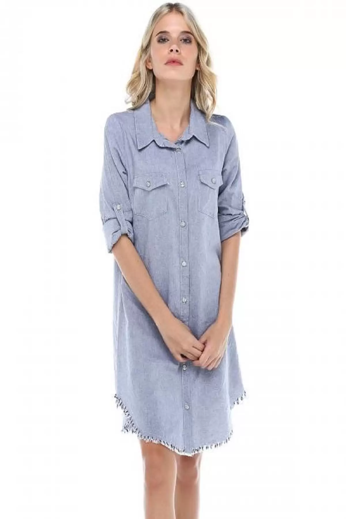 Kenarları Saçaklı Kolları Katlanabilir Gri Keten Kadın Tunik