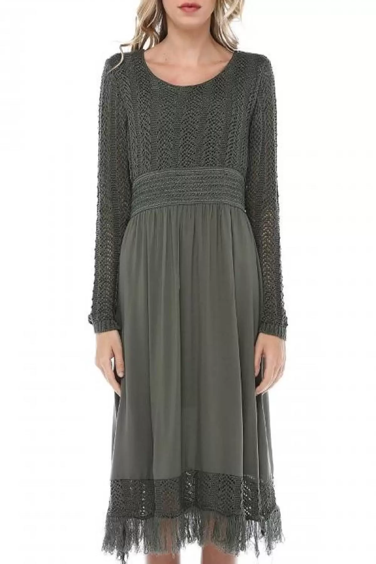 Kuş Gözlü Saçaklı Haki Triko Kadın Elbise