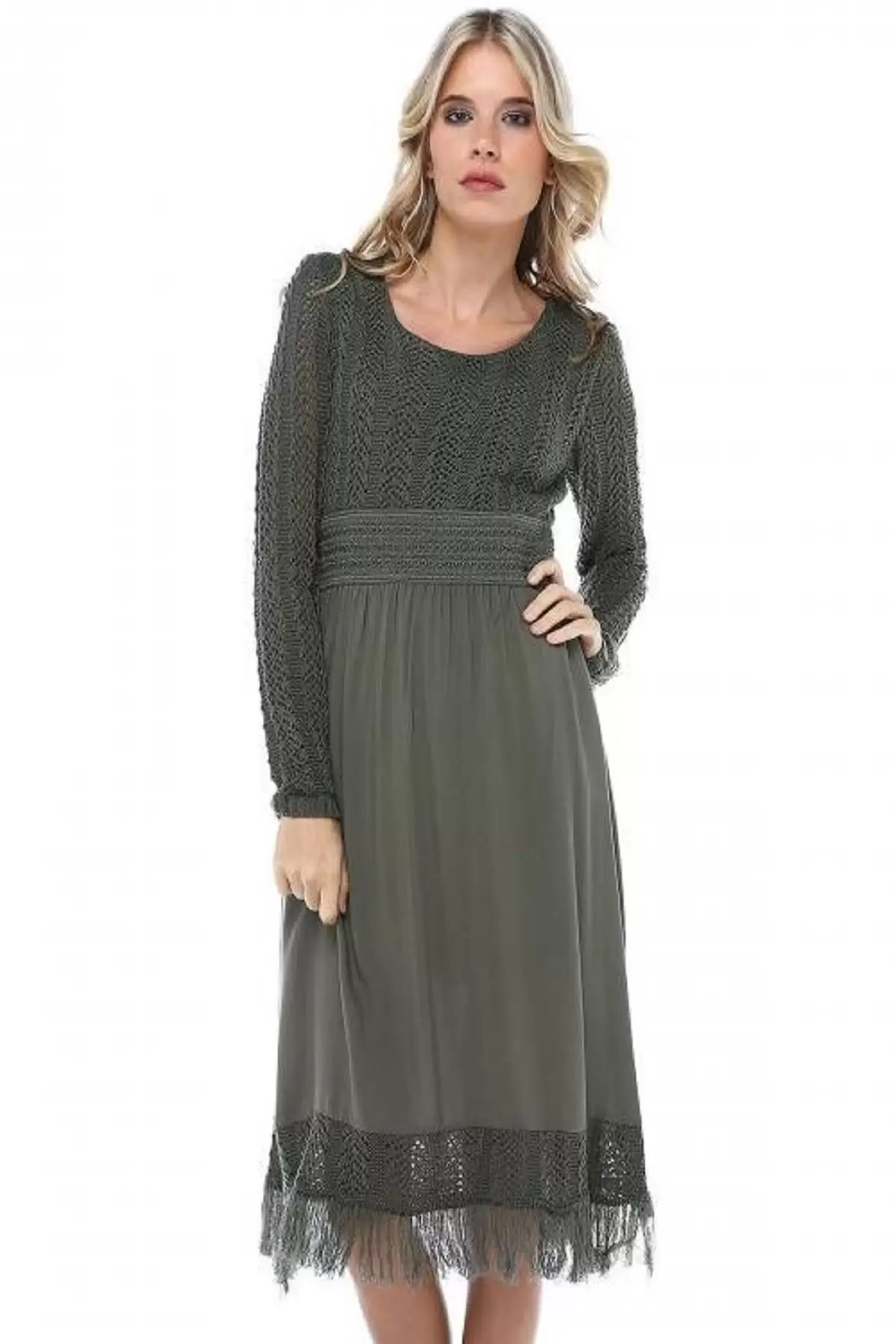 Kuş Gözlü Saçaklı Haki Triko Kadın Elbise