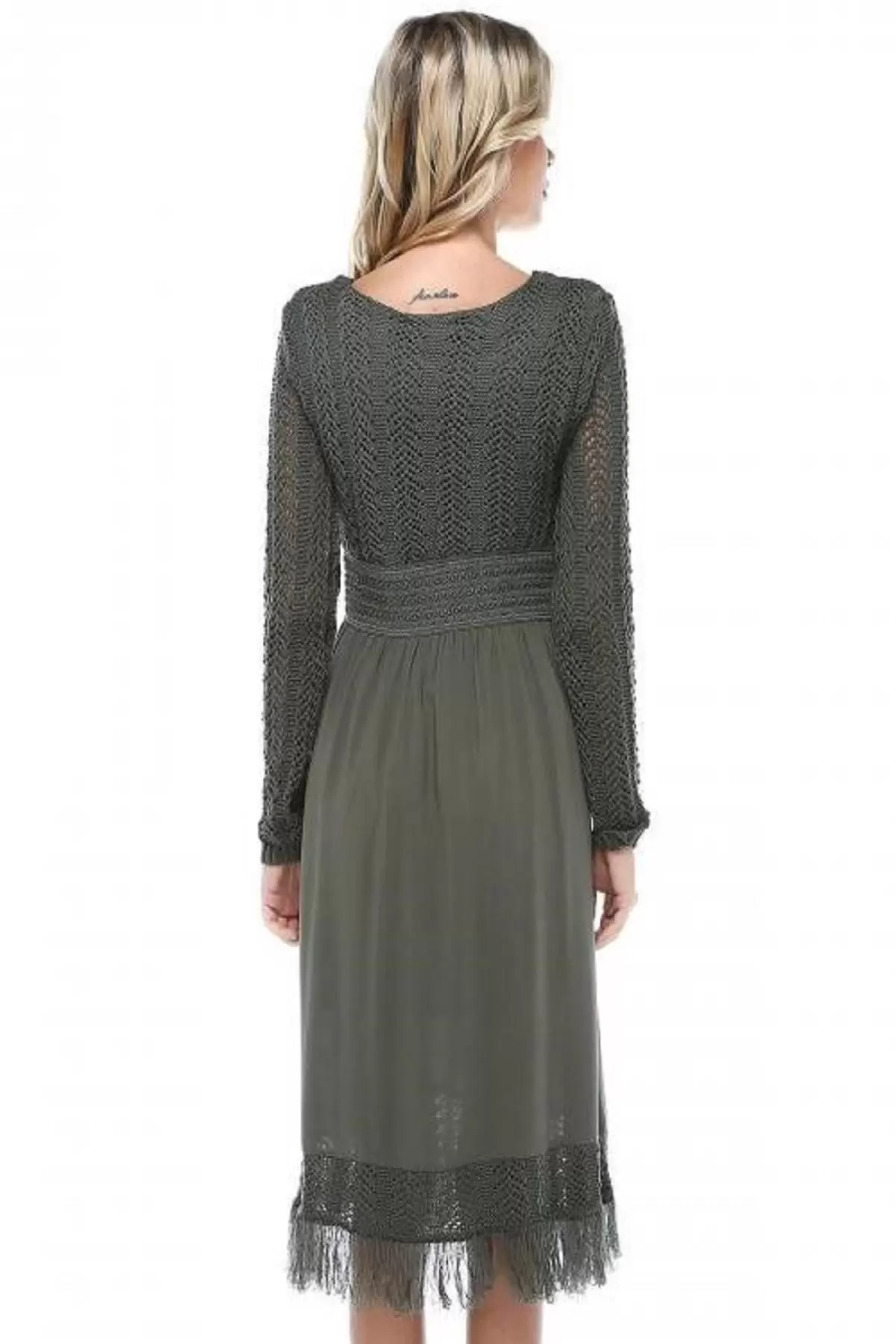 Kuş Gözlü Saçaklı Haki Triko Kadın Elbise