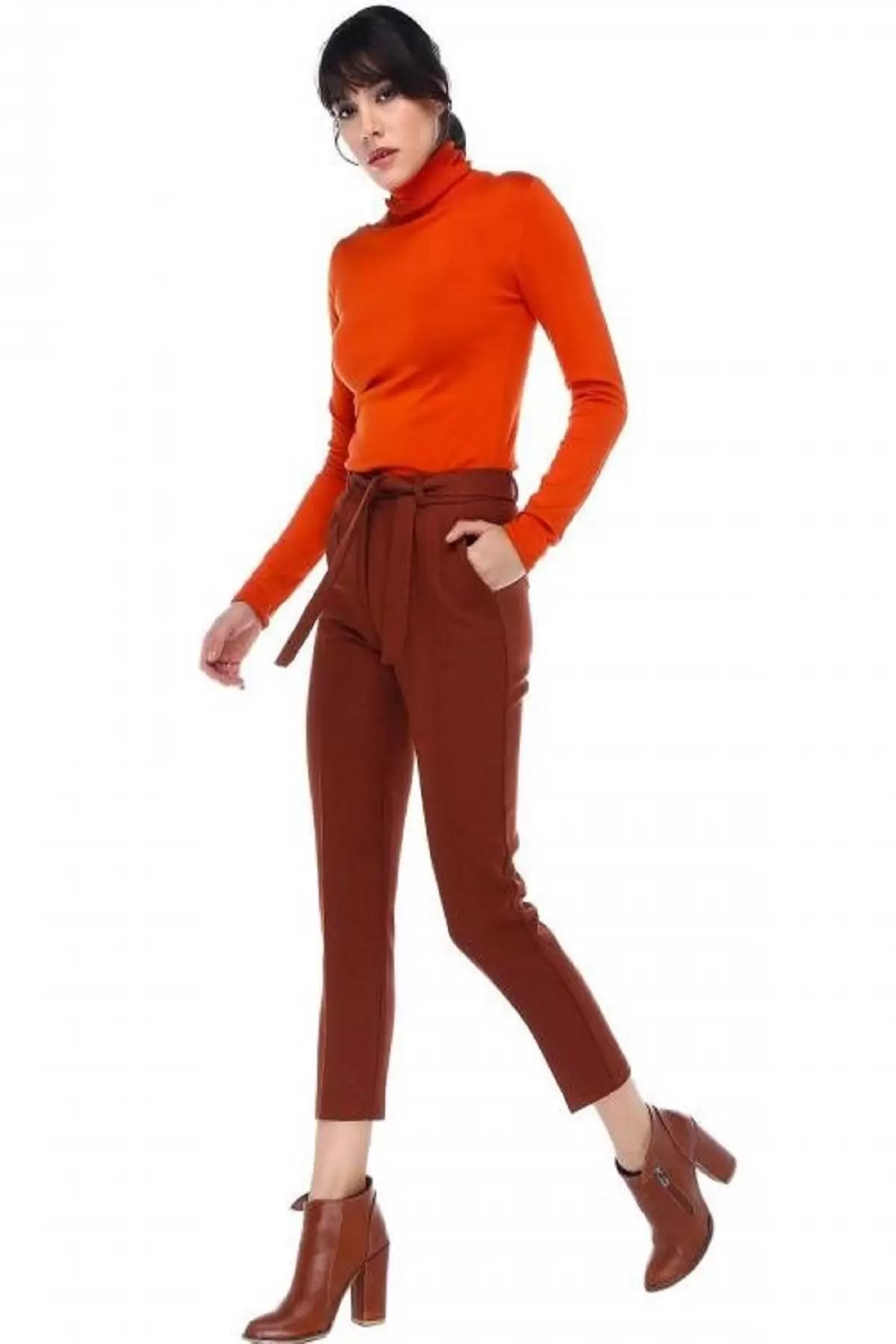 Kuşaklı Kırçıllı Kiremit Bilek Kadın Pantolon