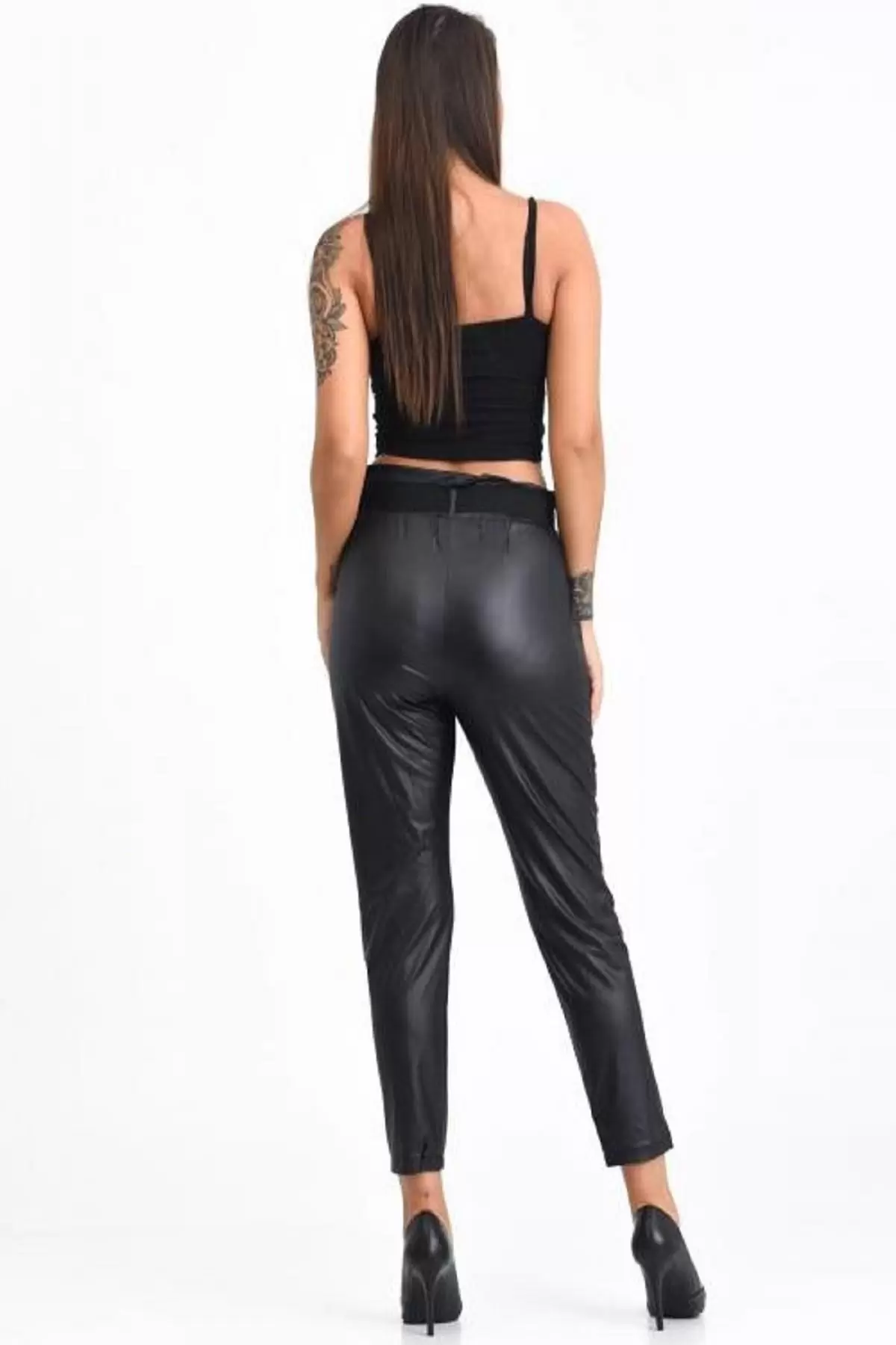 Kuşaklı ve Belden Lastikli Siyah Kadın Deri Pantolon