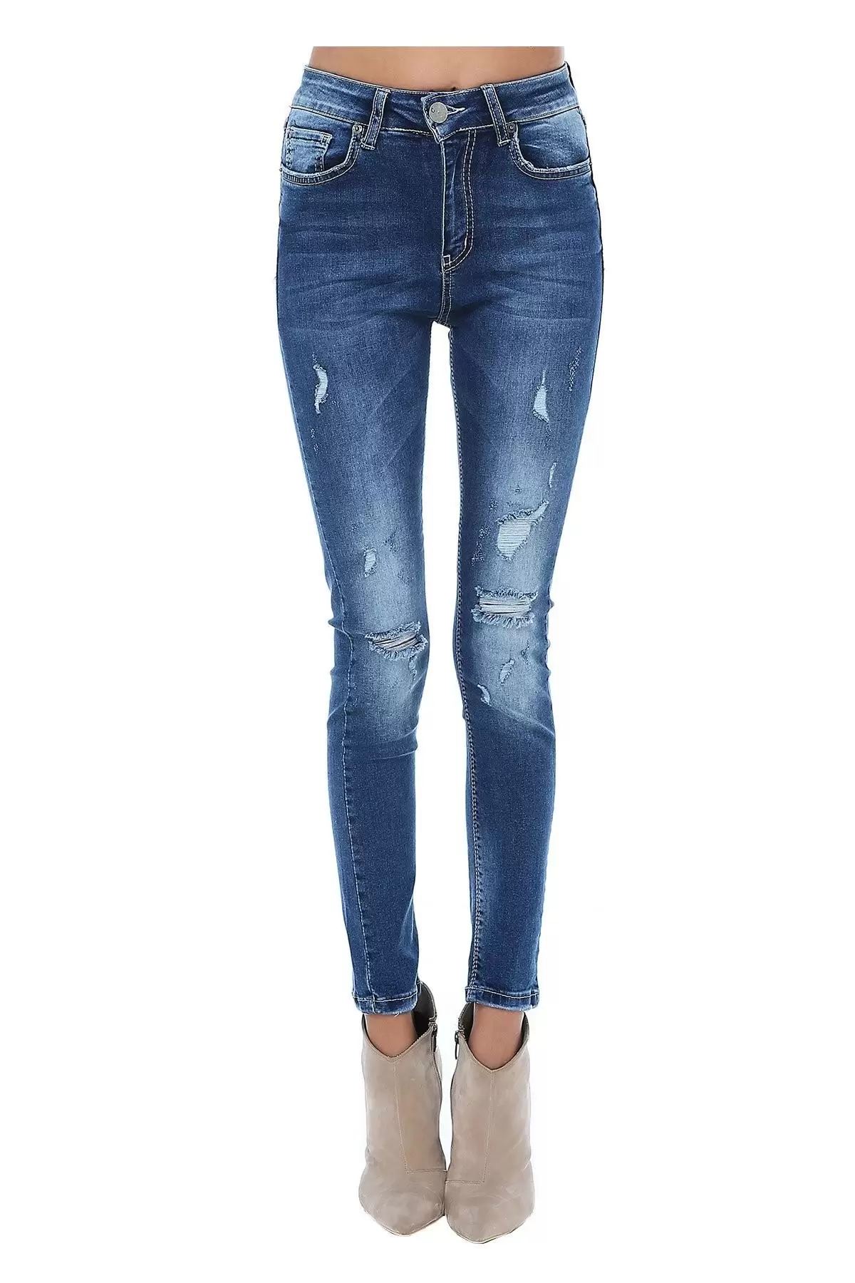 Mavi Yırtık Denim Kadın Pantolon