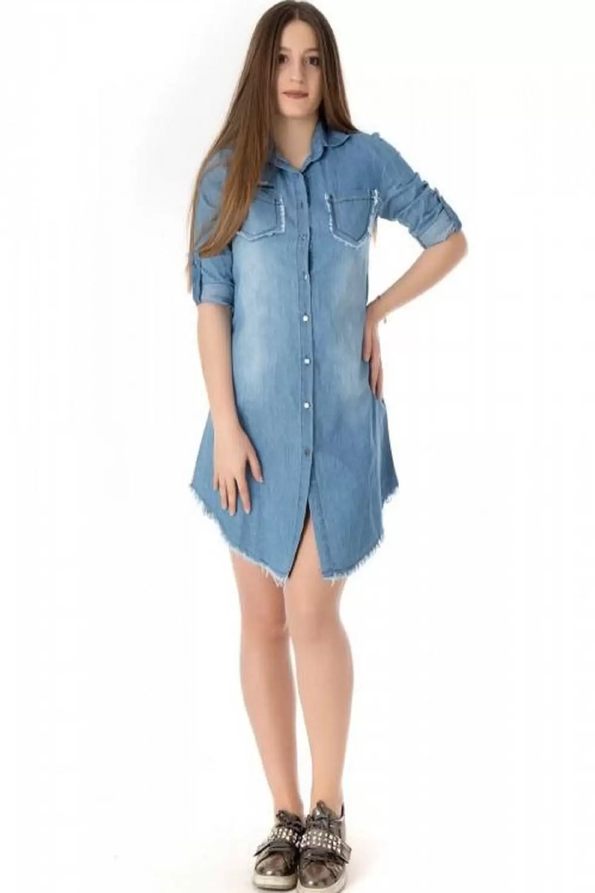 Nakışlı ve Püsküllü Açık Mavi Kadın Tunik