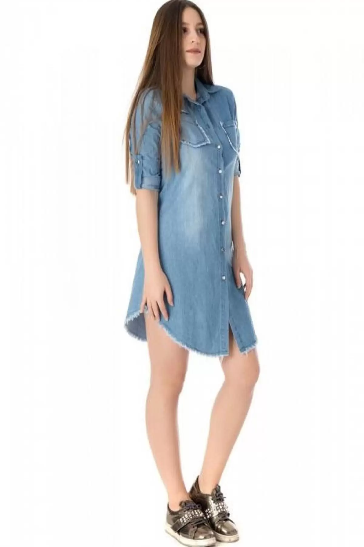 Nakışlı ve Püsküllü Açık Mavi Kadın Tunik