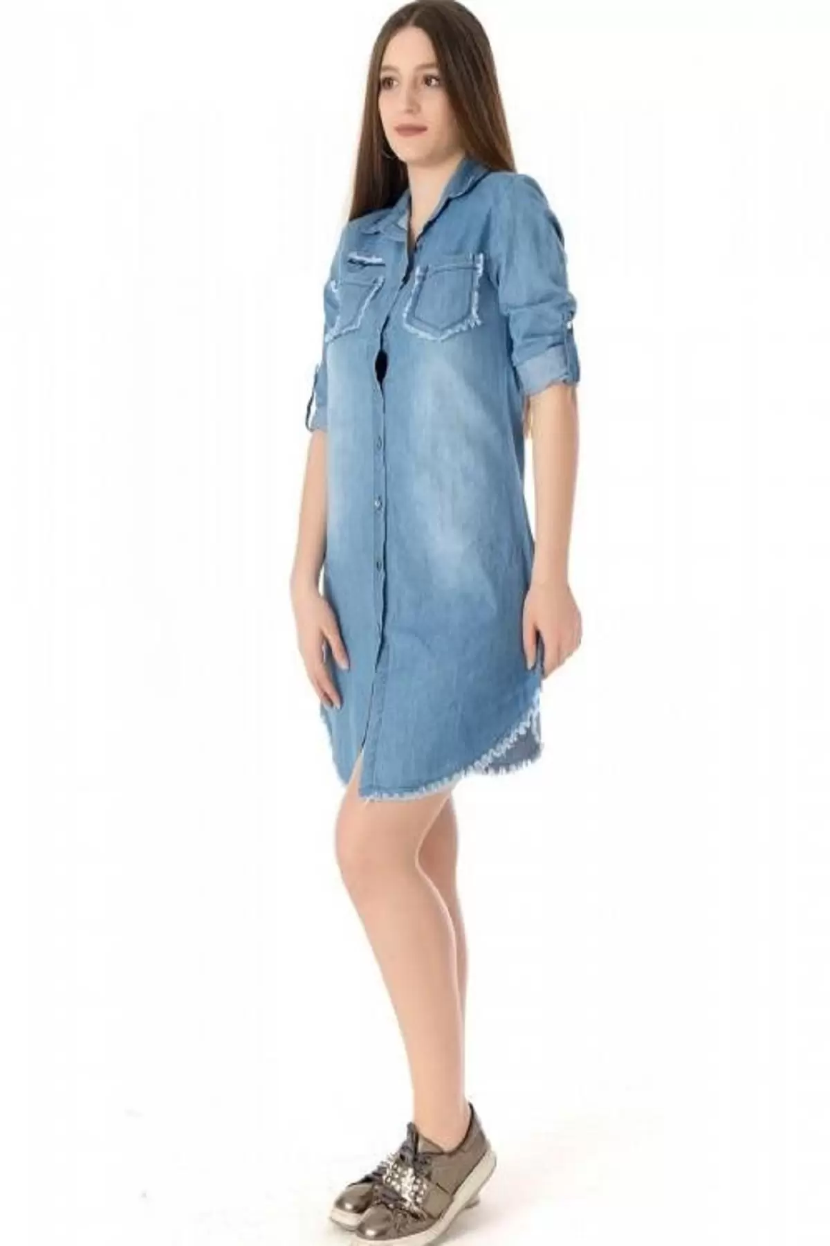 Nakışlı ve Püsküllü Açık Mavi Kadın Tunik