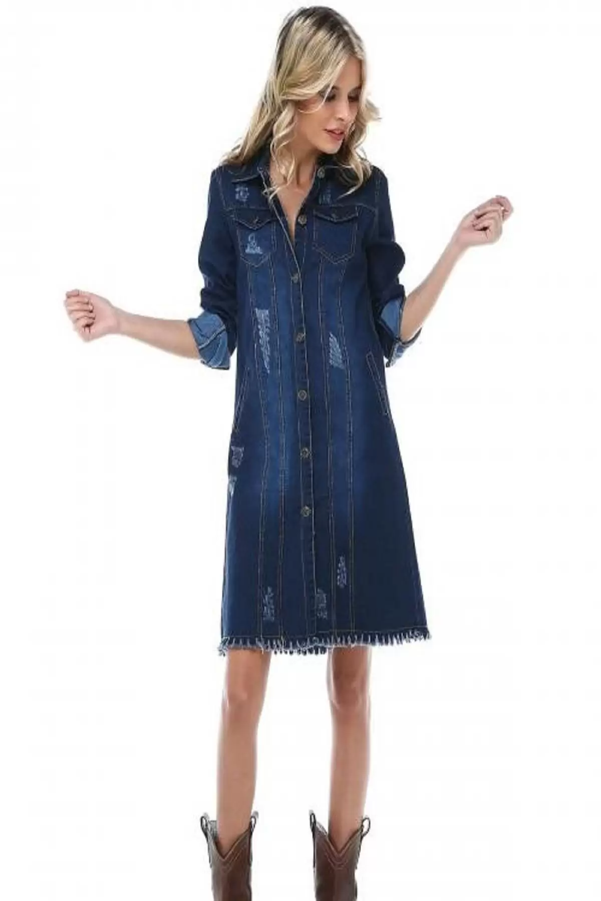 Püsküllü Düğmeli Uzun Koyu Mavi Kadın Kot Elbise