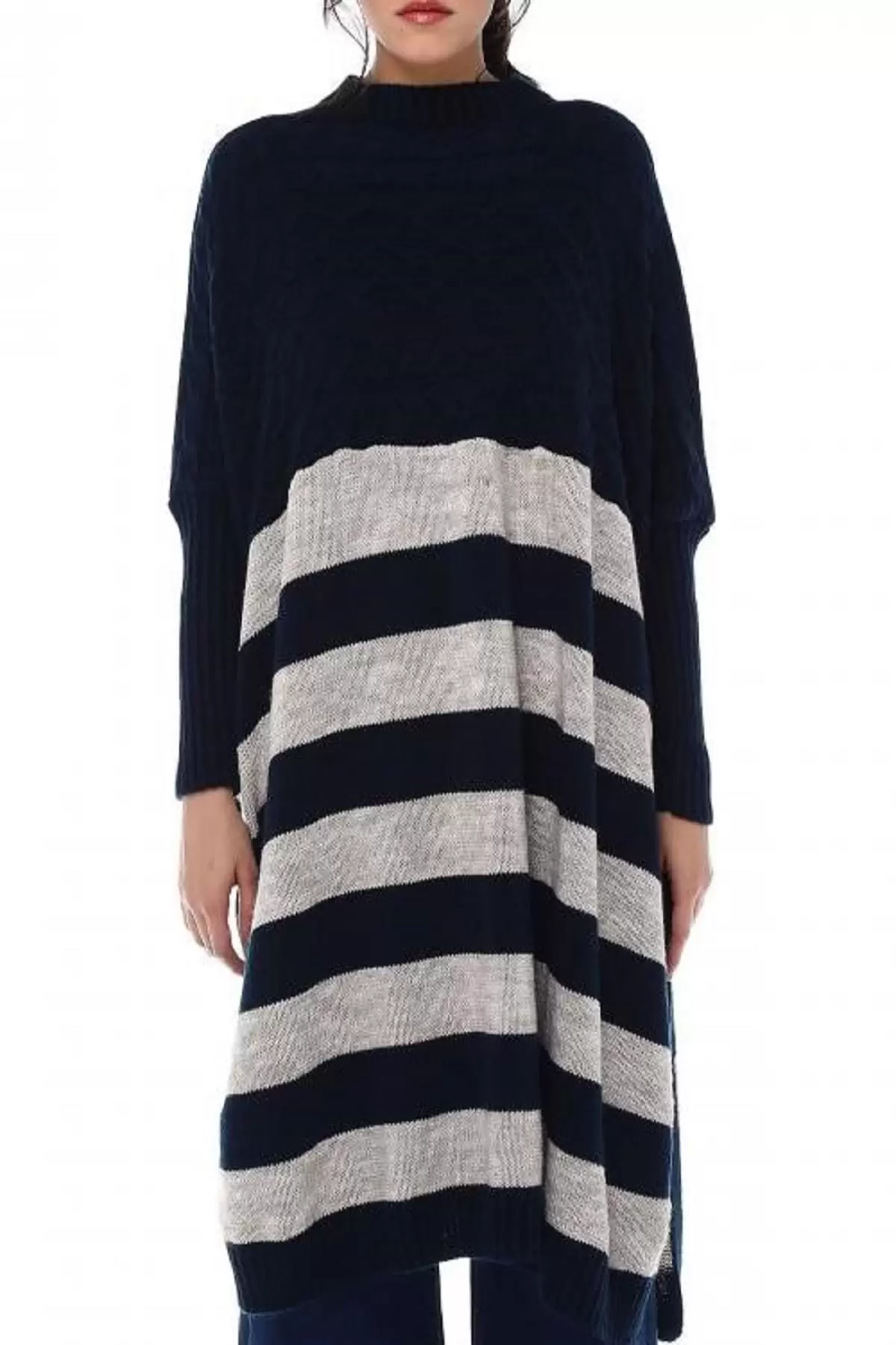 Selanik Örgülü Taş Çizgili Lacivert Triko Kadın Panço