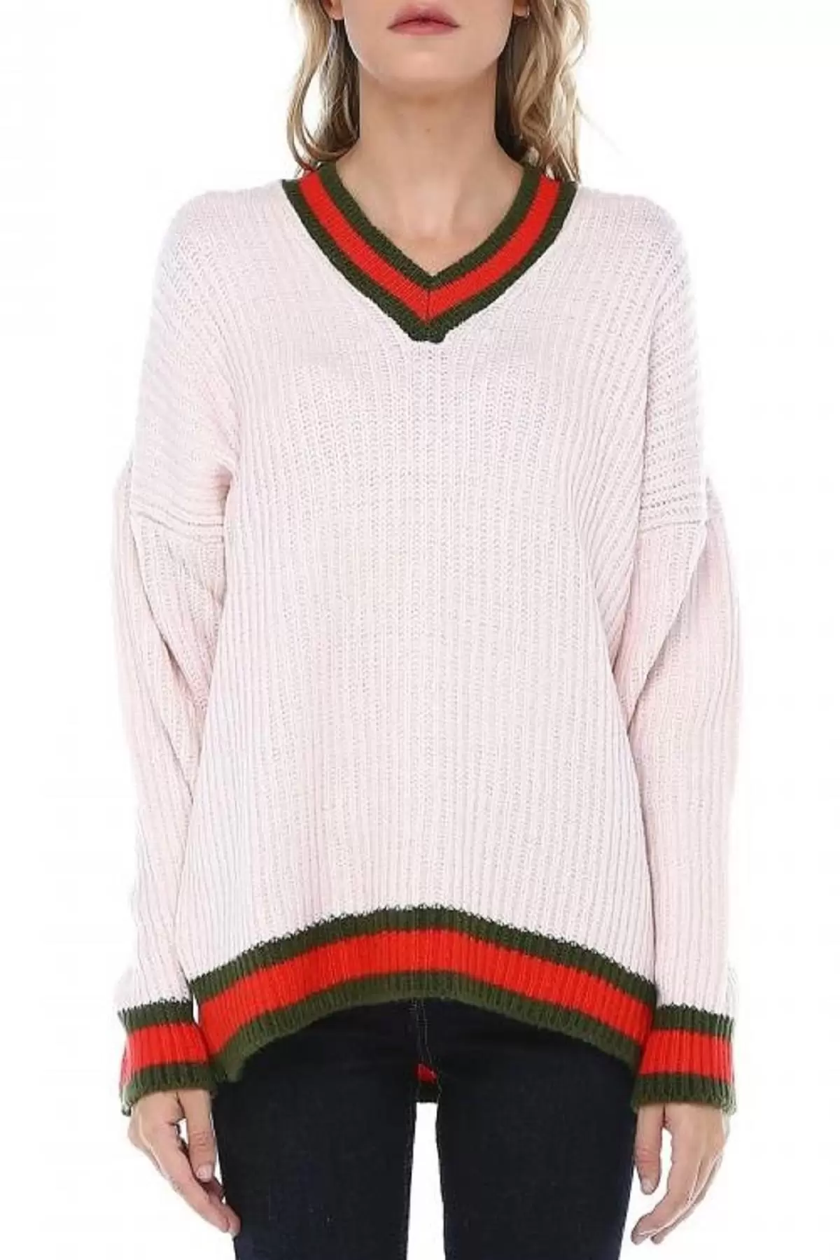 Selanik V Yaka Pudra Triko Kazak