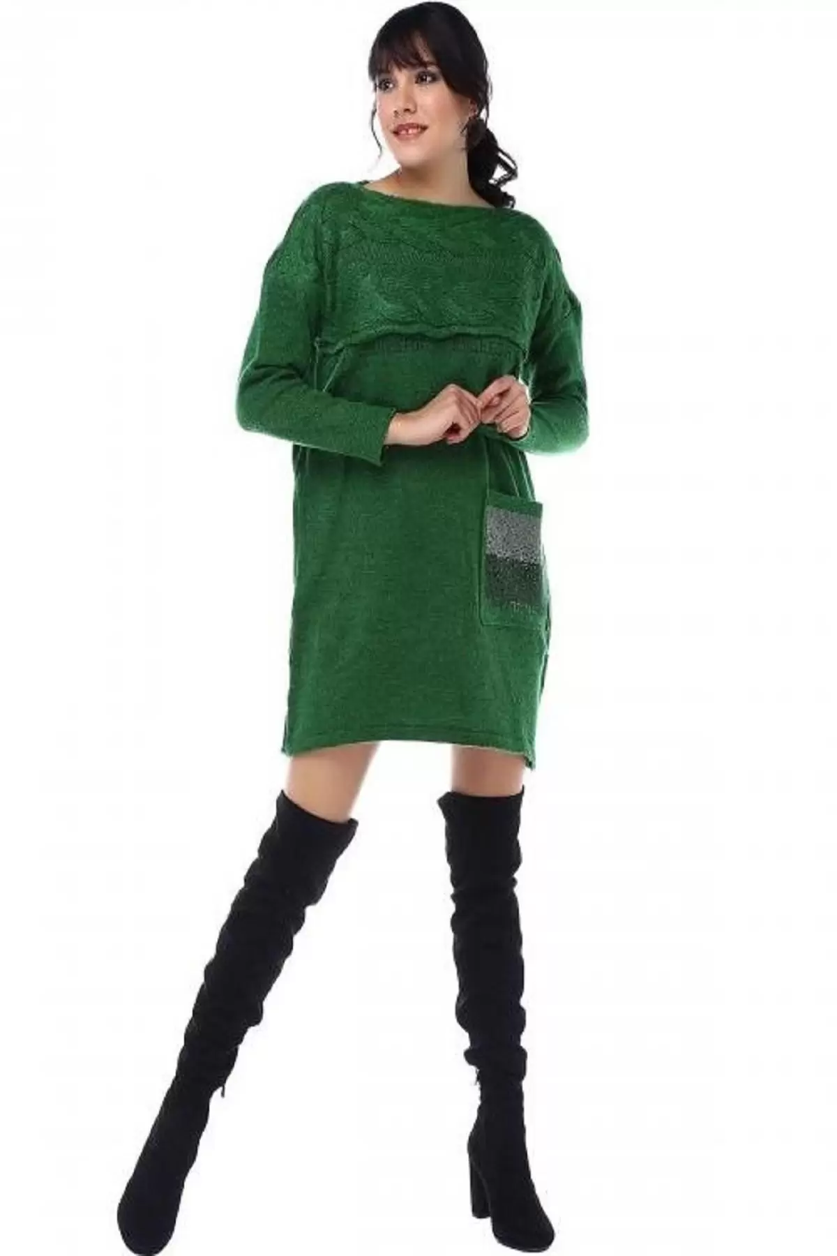 Taş Detaylı Saç Örgülü Cepli Yeşil Triko Kadın Tunik