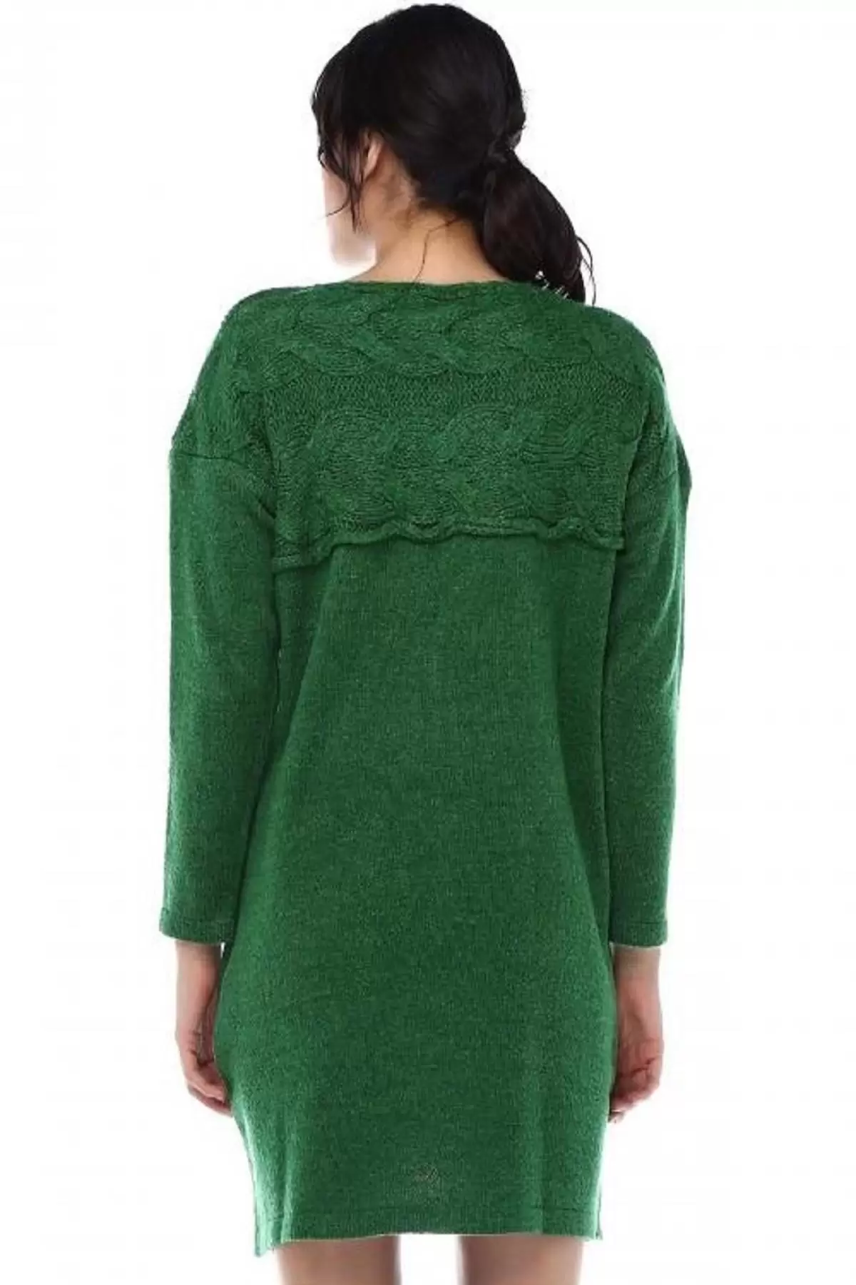 Taş Detaylı Saç Örgülü Cepli Yeşil Triko Kadın Tunik