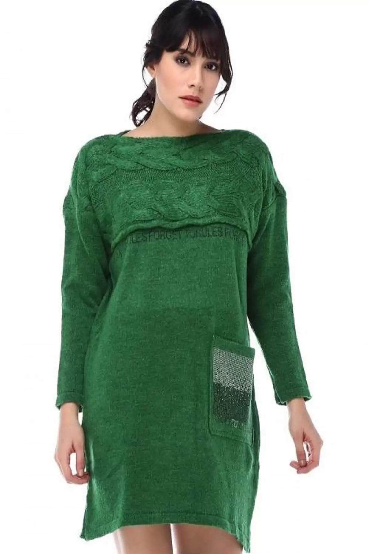 Taş Detaylı Saç Örgülü Cepli Yeşil Triko Kadın Tunik