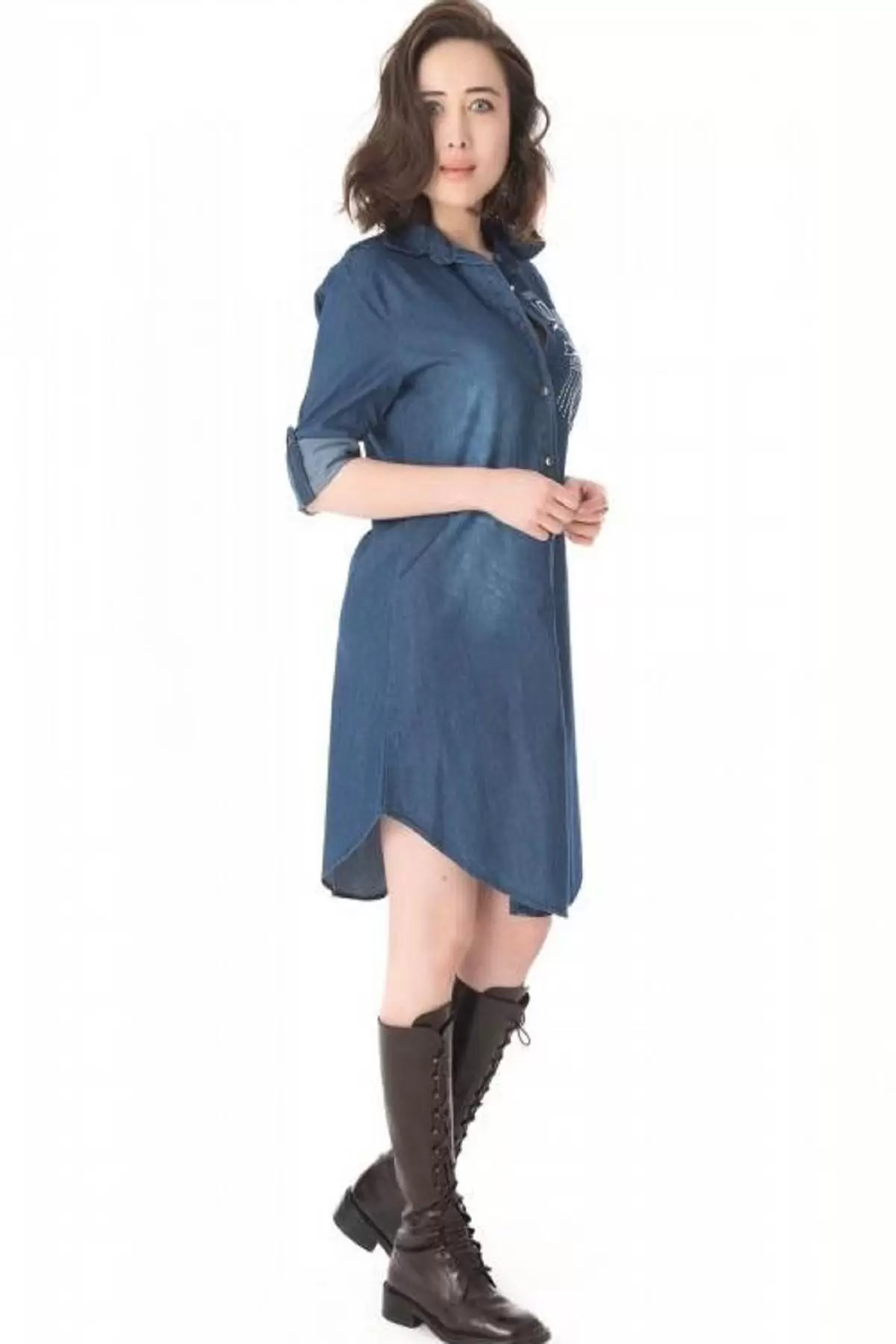 Taşlı ve Baskılı Koyu Mavi Kadın Tunik