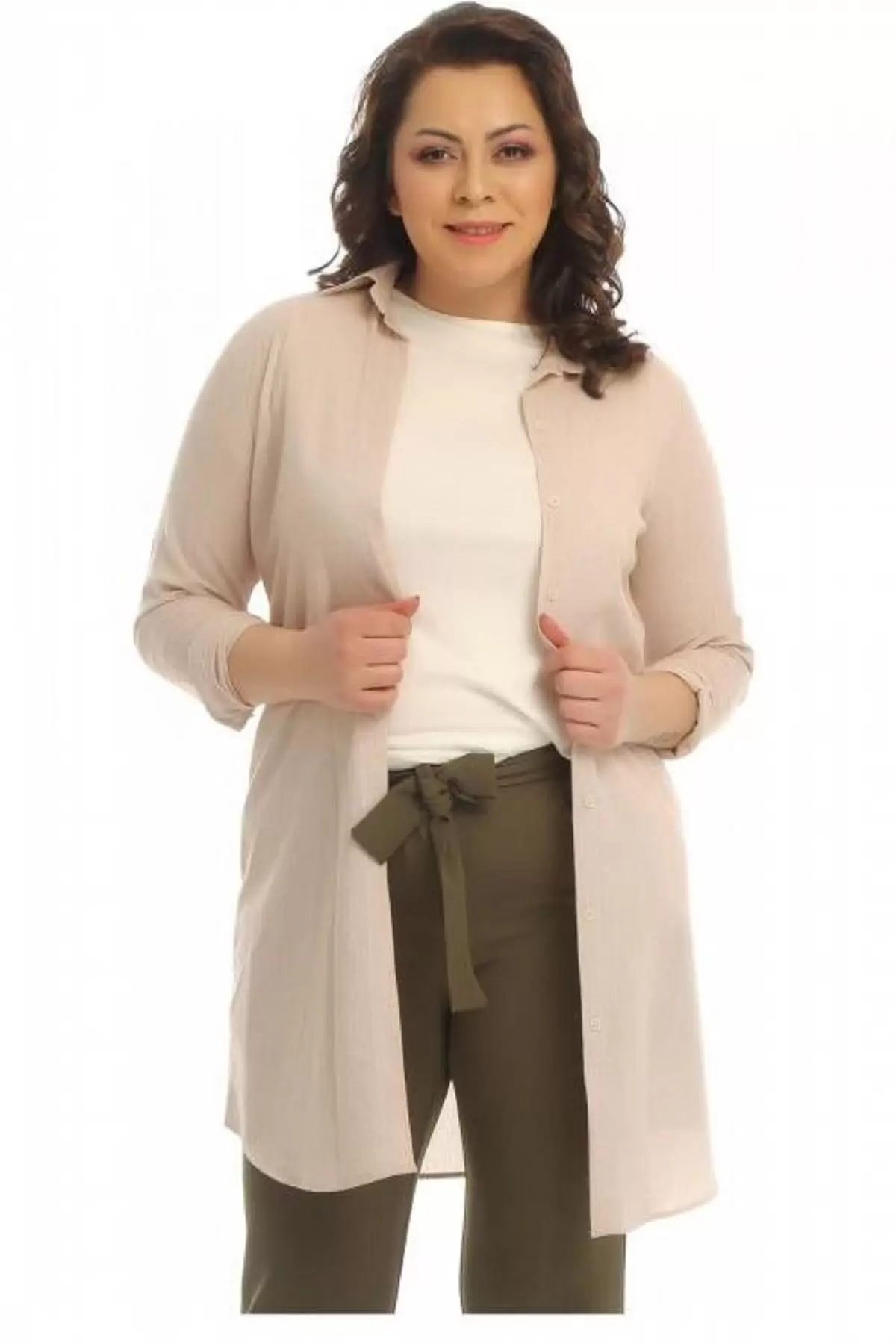 Tişört Kombinli Bej Uzun Kadın Keten Gömlek (Küçük Beden)