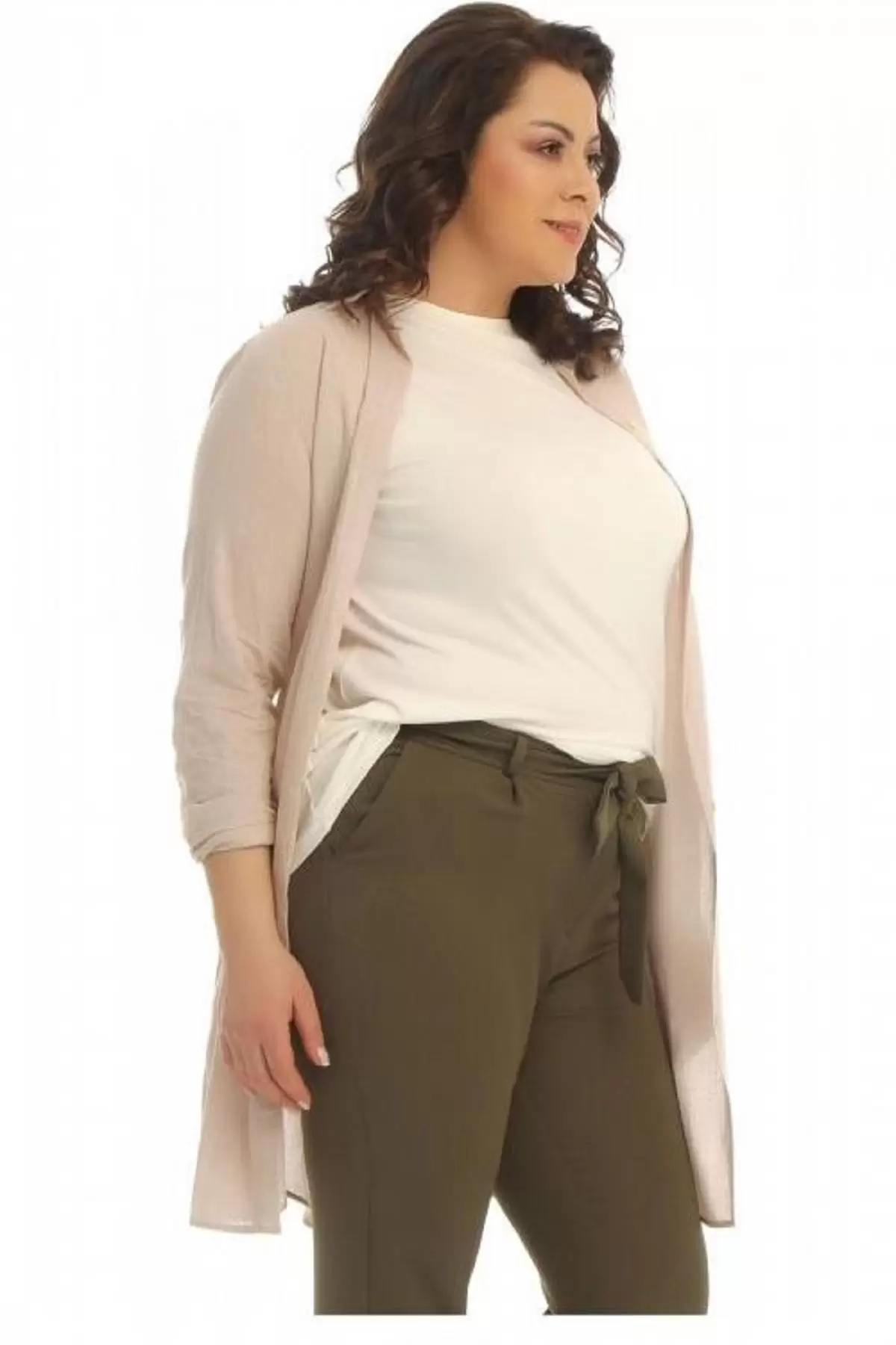 Tişört Kombinli Bej Uzun Kadın Keten Gömlek (Küçük Beden)
