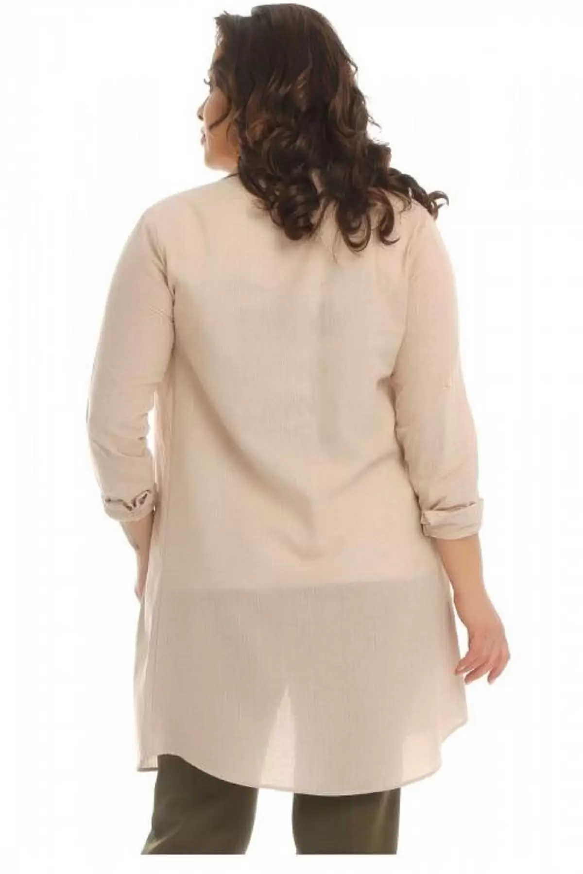 Tişört Kombinli Bej Uzun Kadın Keten Gömlek (Küçük Beden)