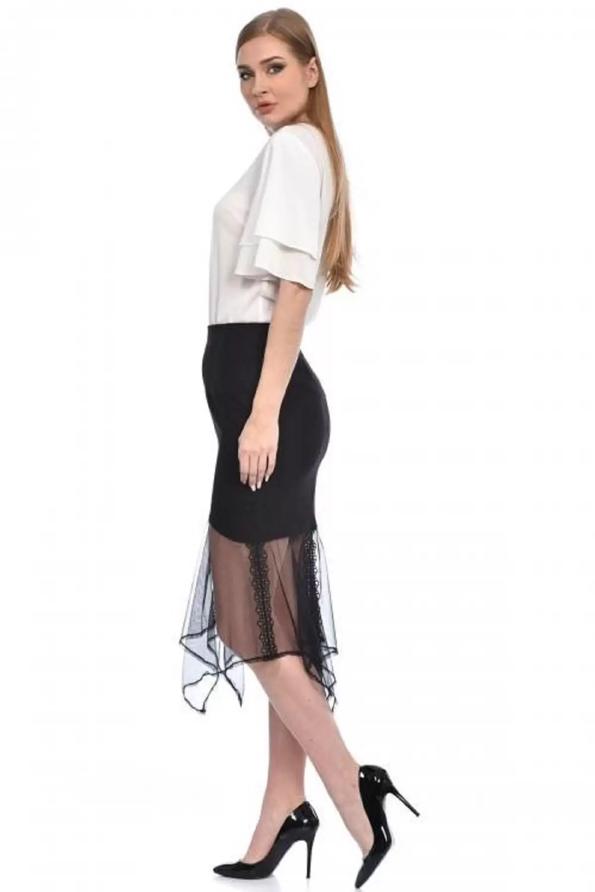 Tül Detaylı Siyah Kadın Etek