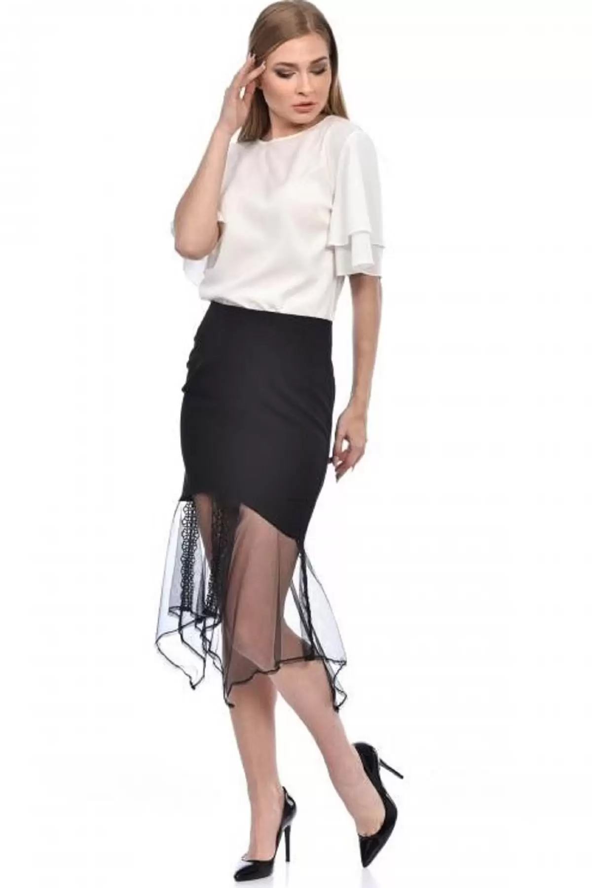 Tül Detaylı Siyah Kadın Etek