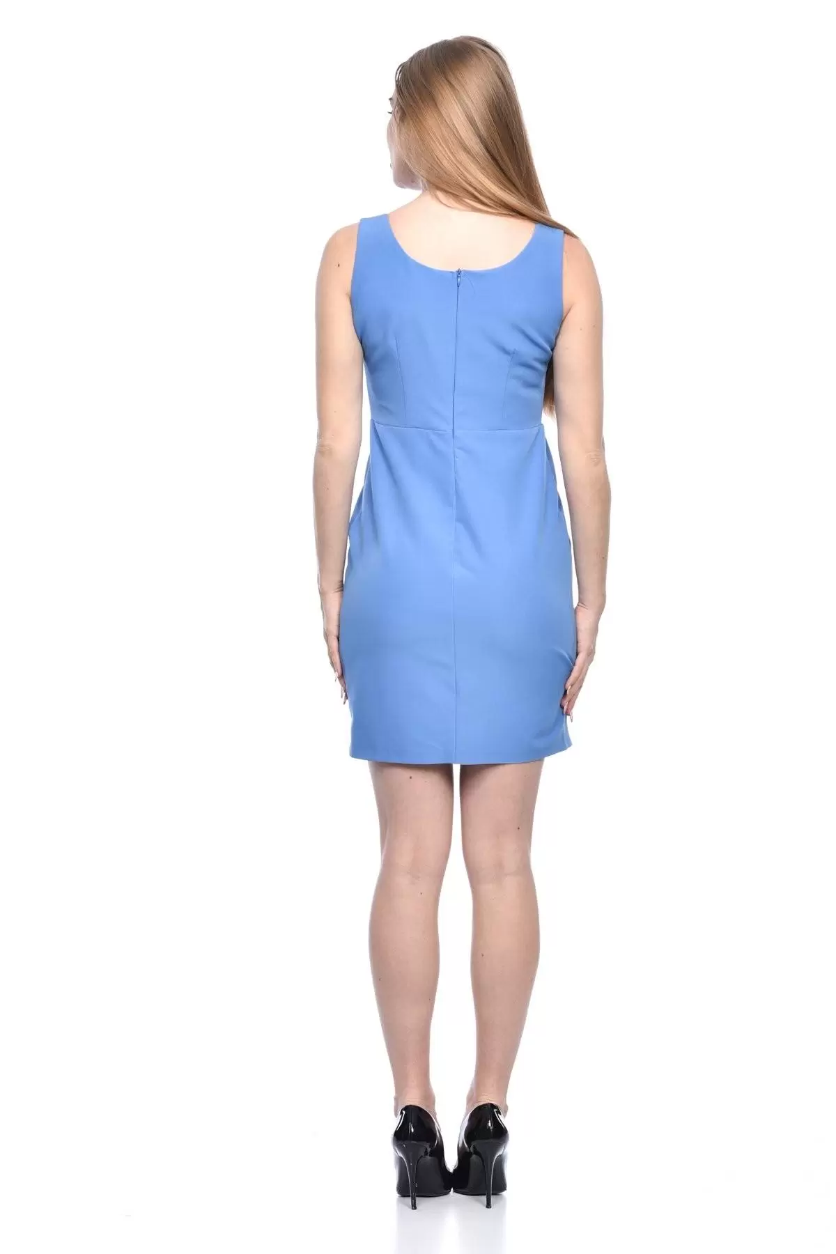 V Yaka Sıfır Kol Astarlı Bebe Mavi Kadın Elbise