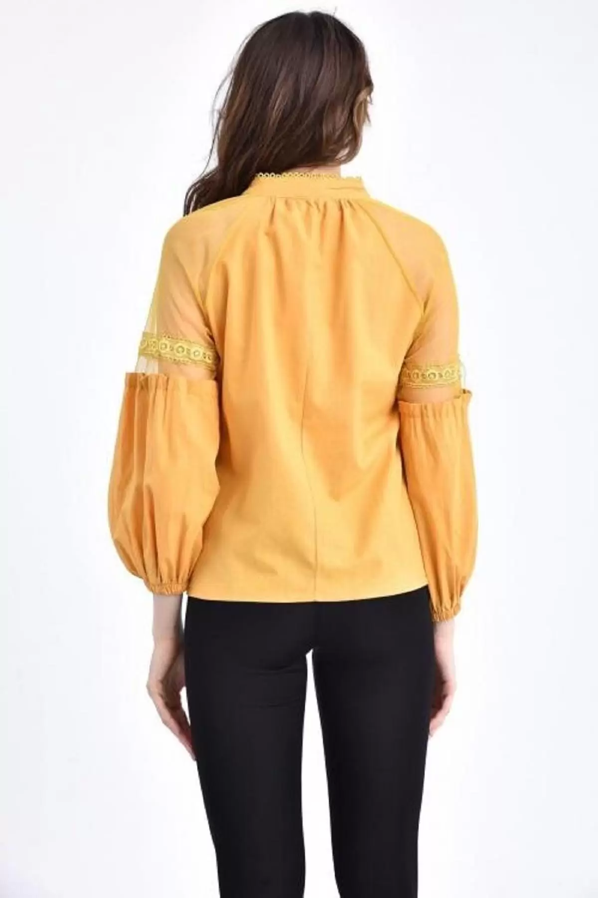 V Yaka Tül ve Dantelli Uzun Kollu Hardal Kadın Bluz