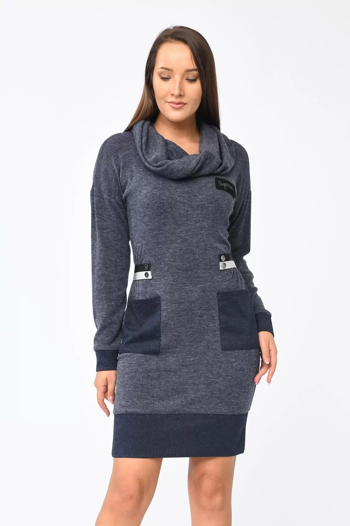 Yandan Şerit ve Cepli Degaje Yaka Lacivert Kadın Elbise