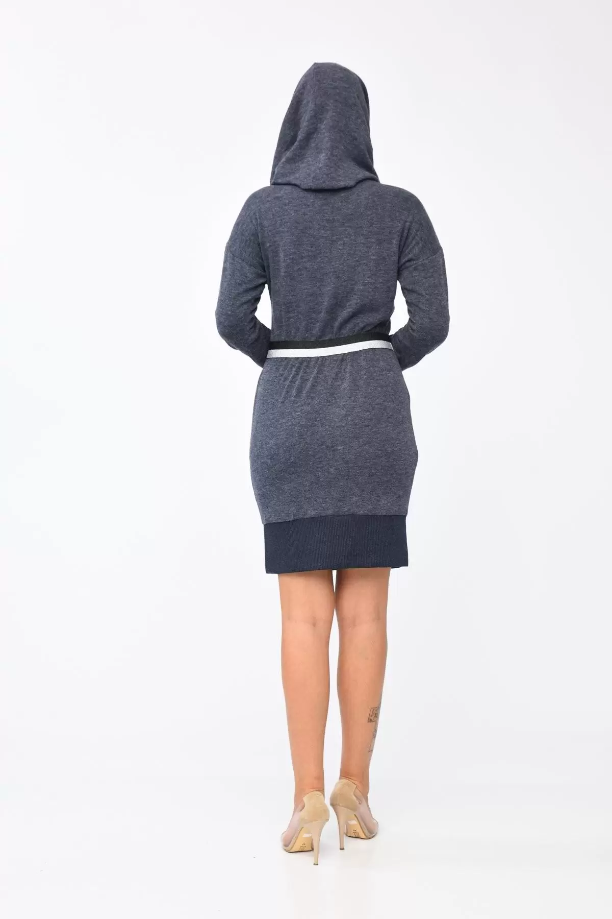 Yandan Şerit ve Cepli Degaje Yaka Lacivert Kadın Elbise