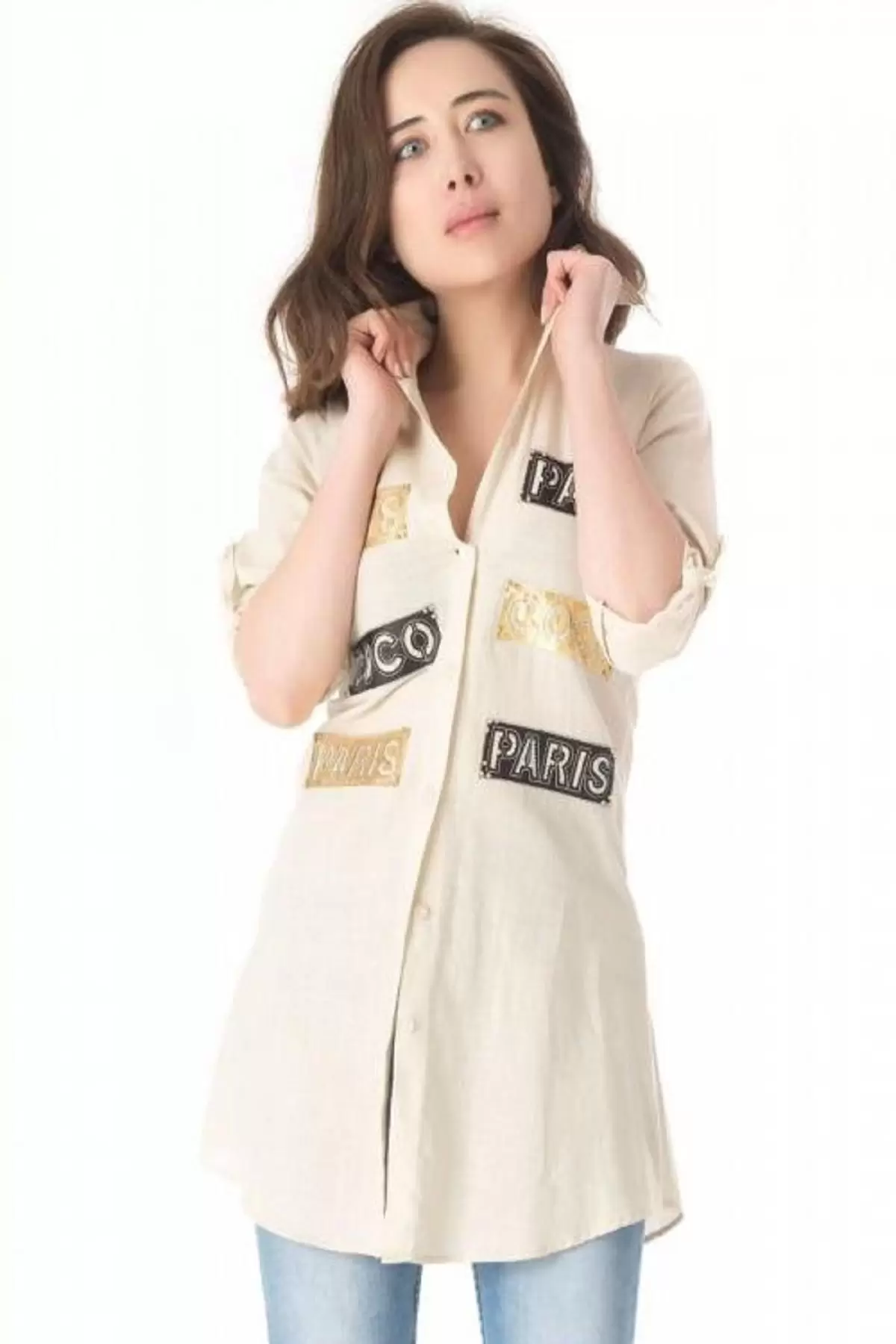 Yazı ve Taş Detaylı Bej Uzun Kadın Keten Gömlek