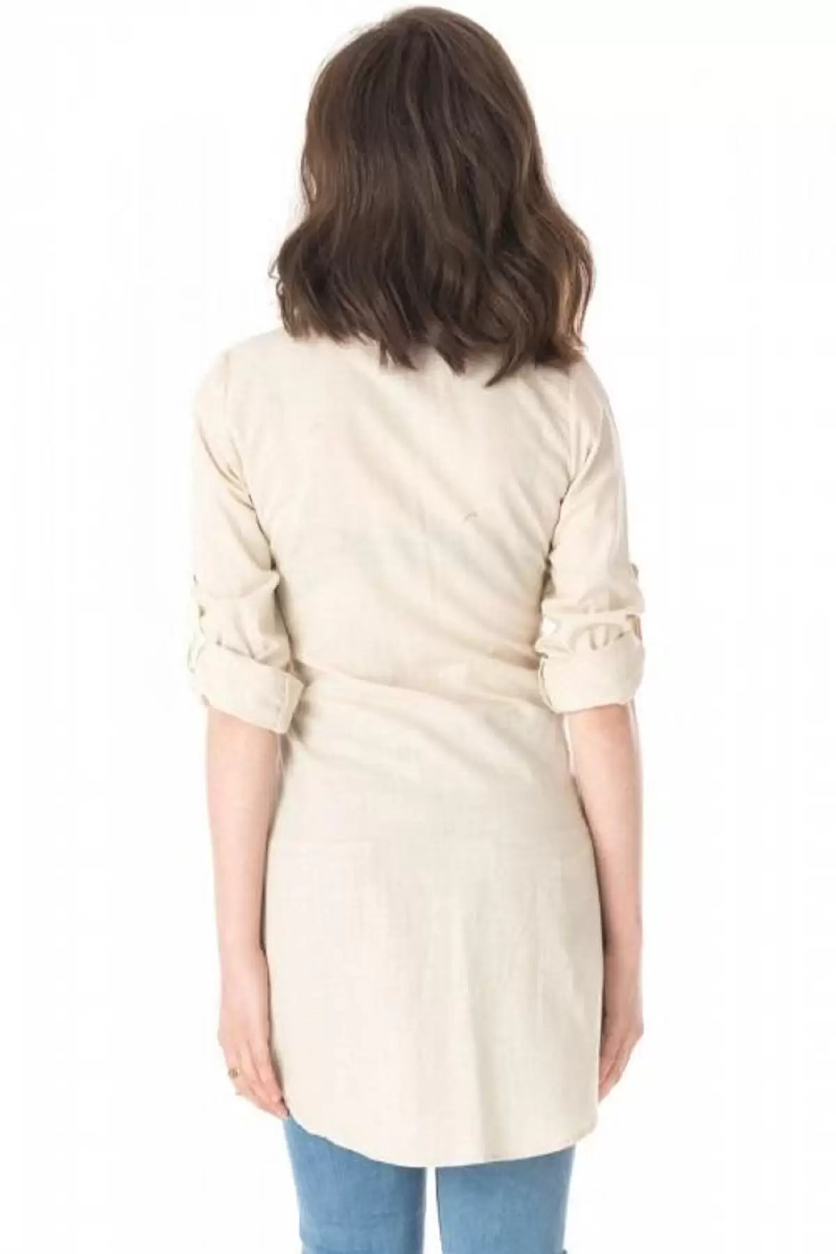 Yazı ve Taş Detaylı Bej Uzun Kadın Keten Gömlek