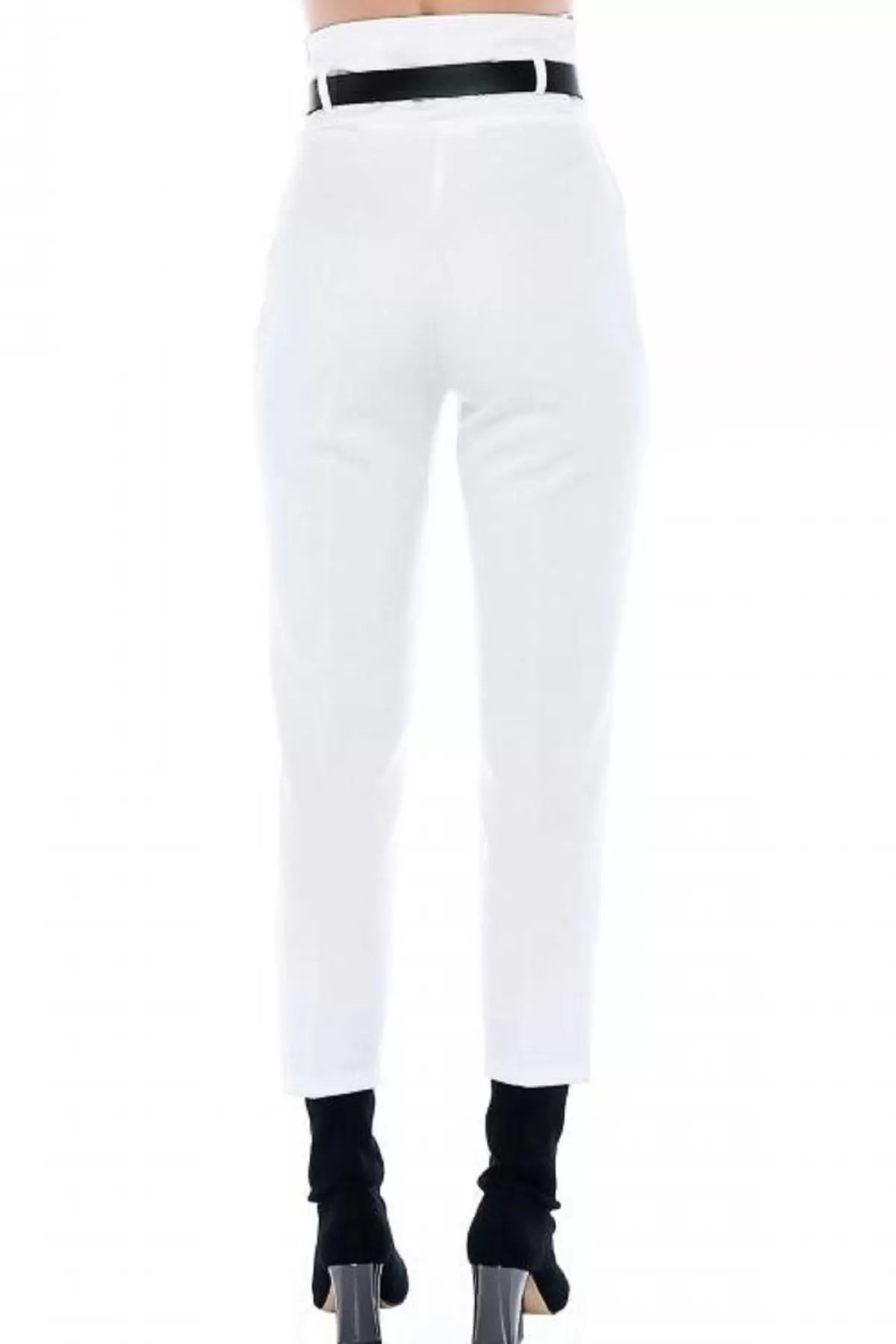 Yüksek Bel Deri Kemerli Beyaz Bilek Kadın Pantolon