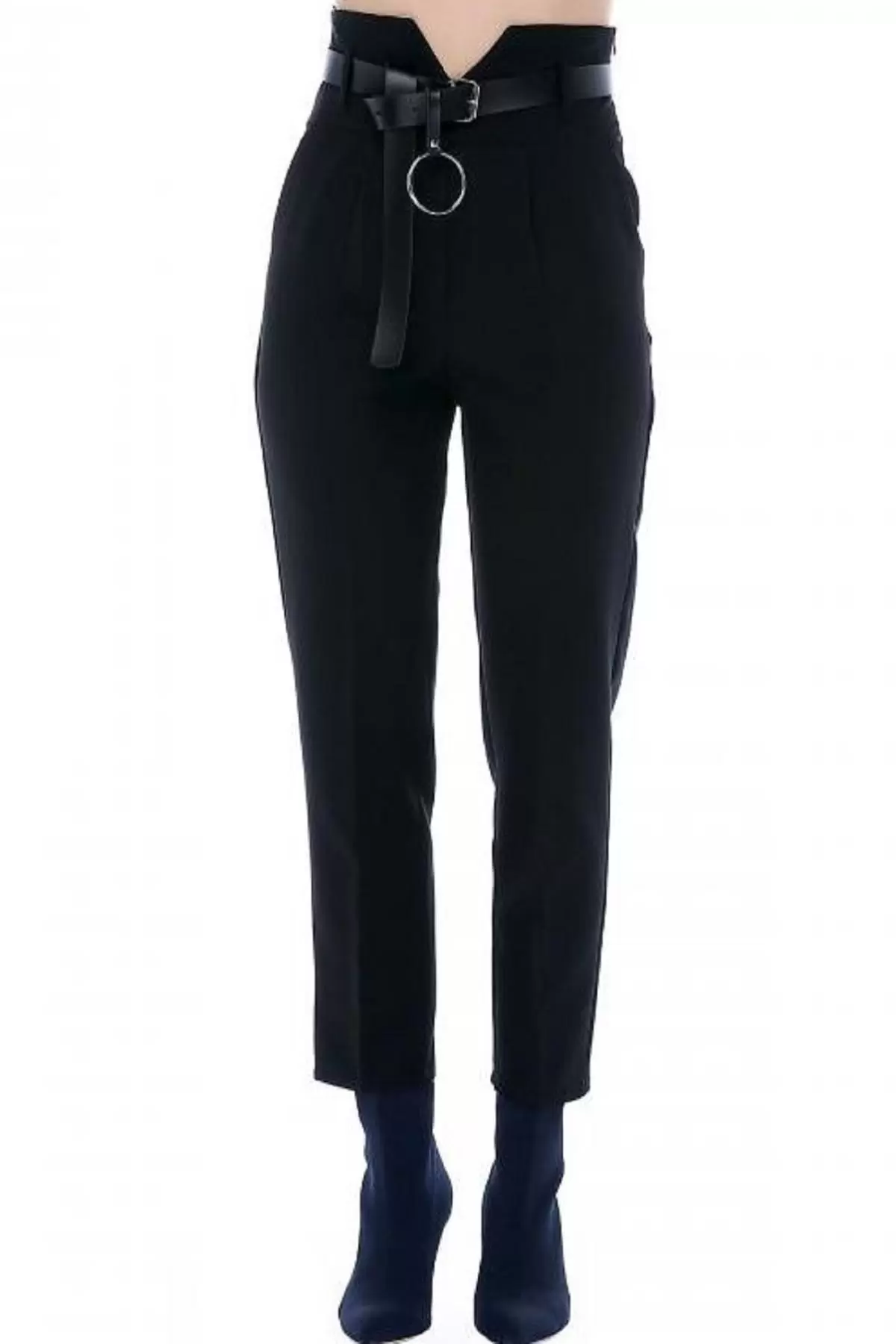 Yüksek Bel Deri Kemerli Siyah Bilek Kadın Pantolon