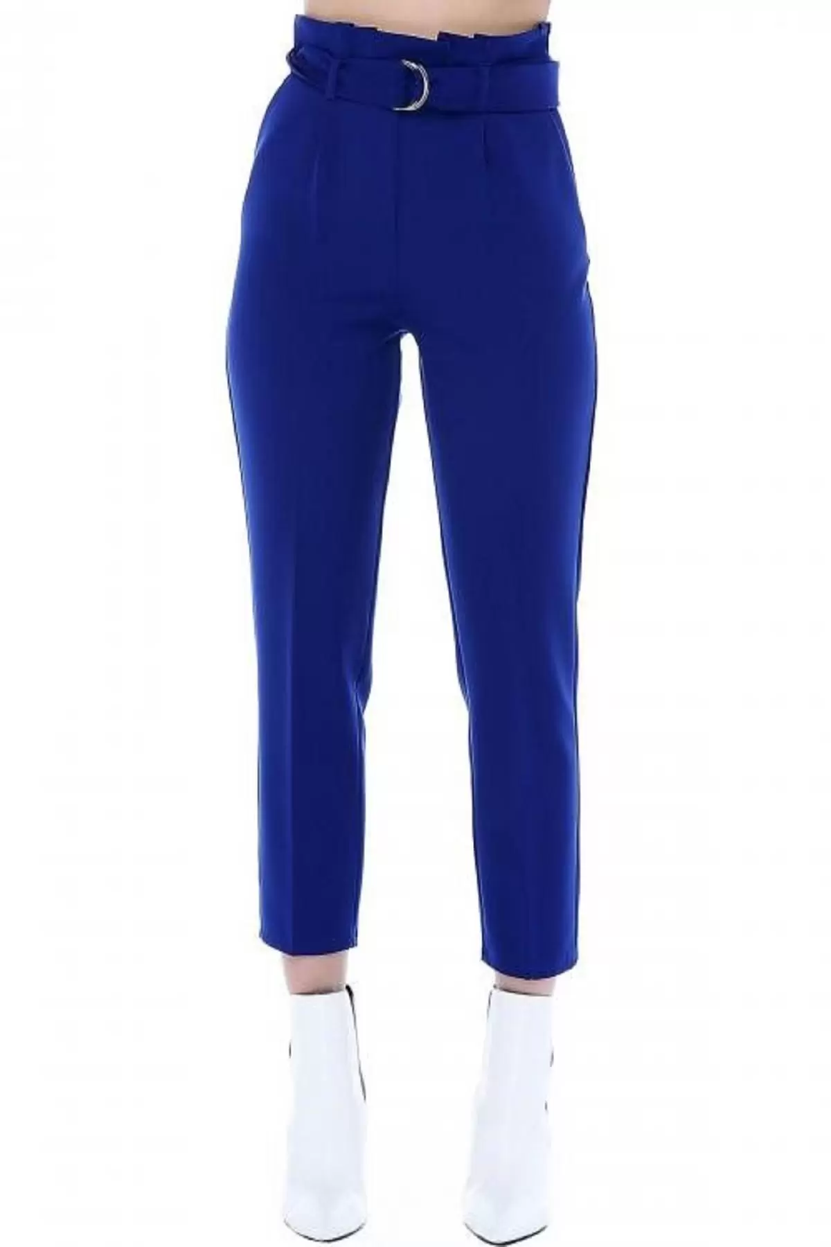 Yüksek Bel Tokalı Saks Mavi Bilek Kadın Pantolon