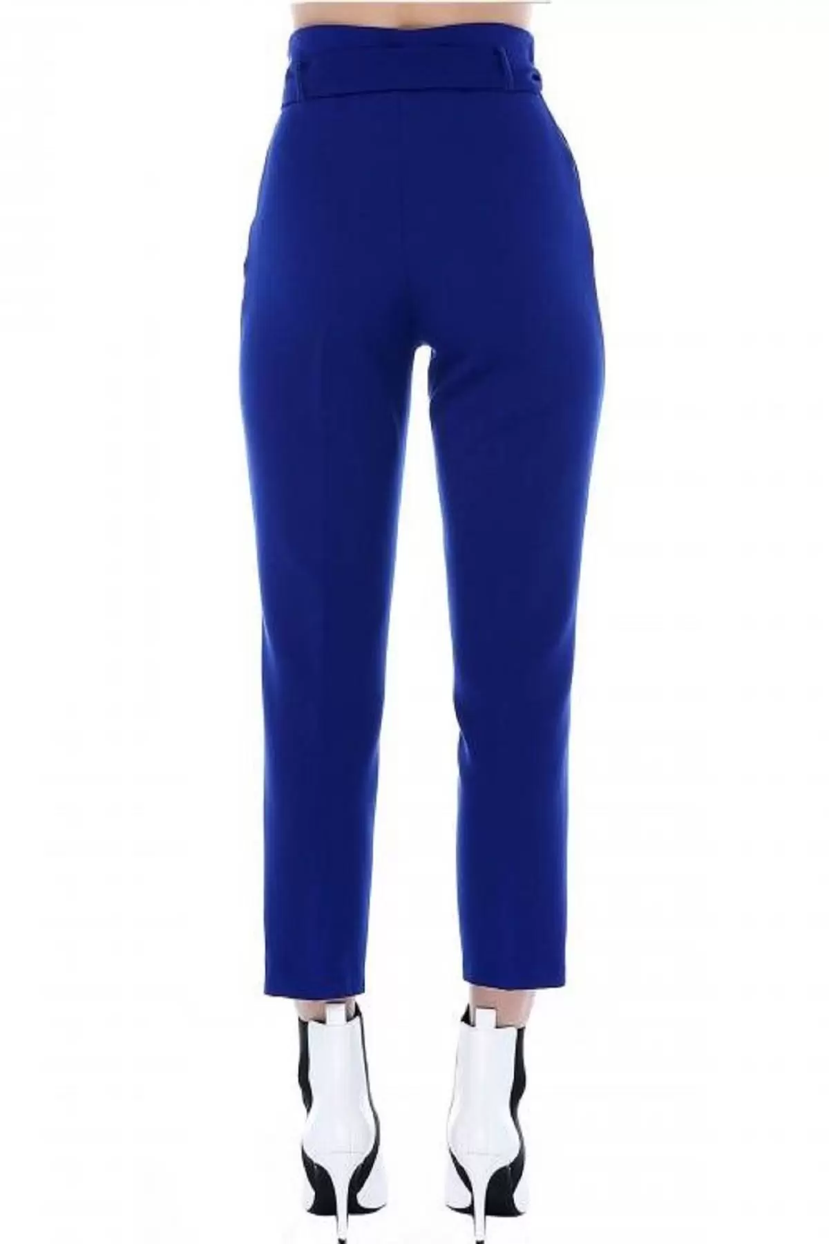 Yüksek Bel Tokalı Saks Mavi Bilek Kadın Pantolon