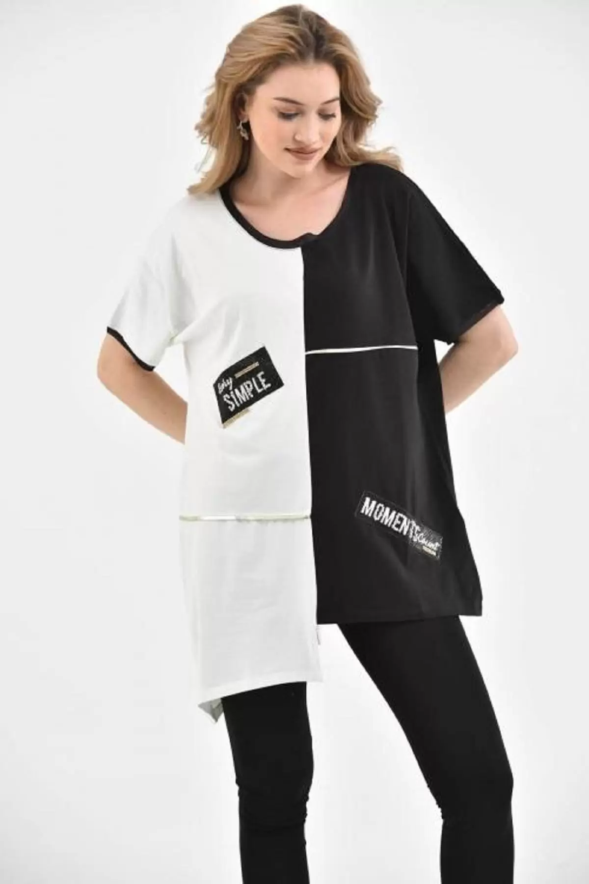 Yuvarlak Yaka Taşlı Asimetrik Kesim Siyah-Beyaz Kadın Bluz