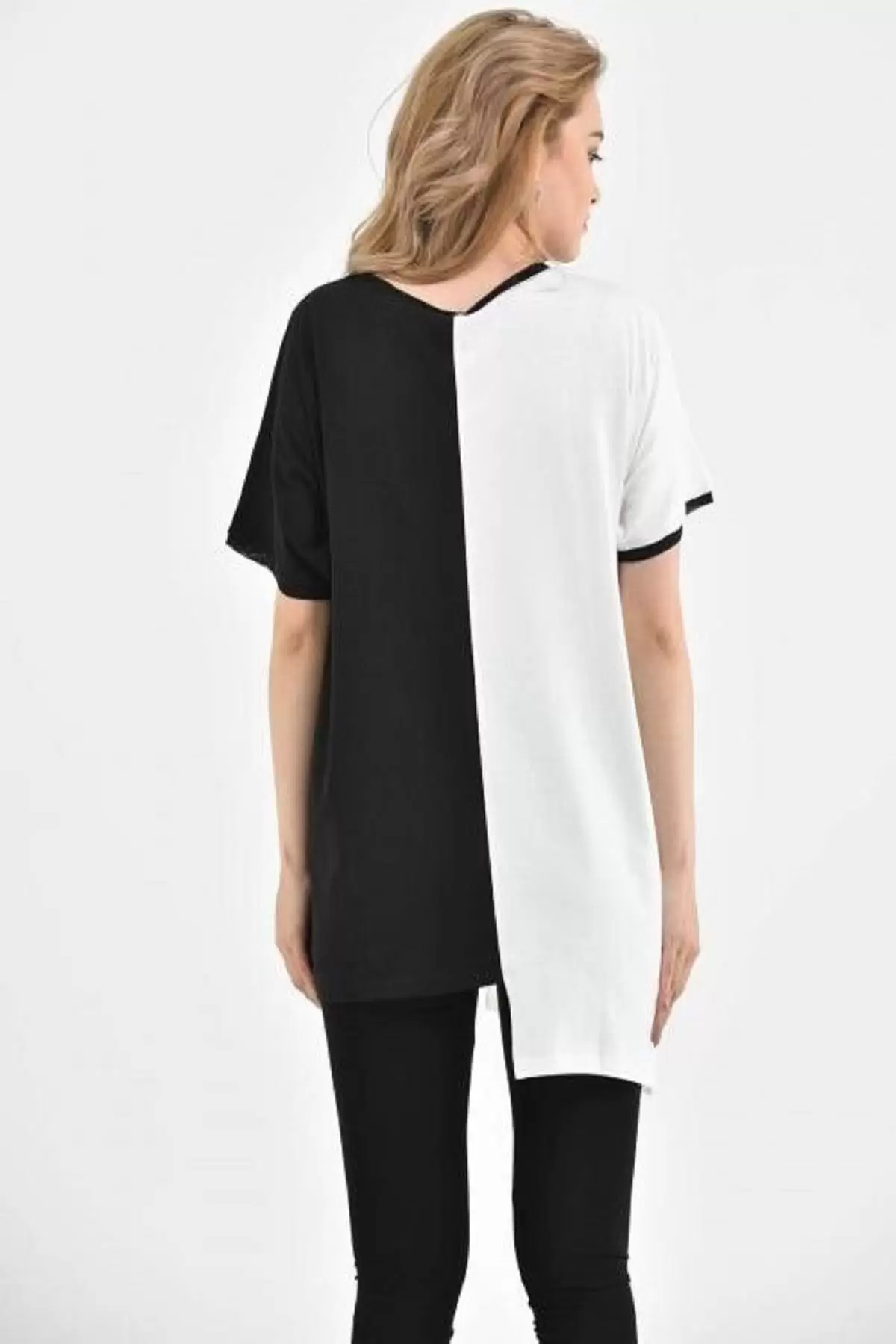 Yuvarlak Yaka Taşlı Asimetrik Kesim Siyah-Beyaz Kadın Bluz