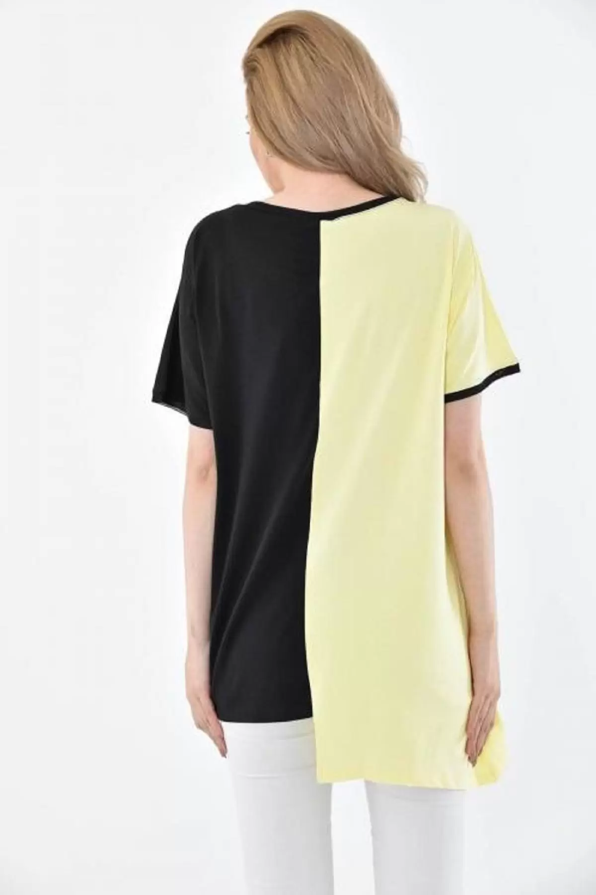 Yuvarlak Yaka Taşlı Asimetrik Kesim Siyah-Sarı Kadın Bluz