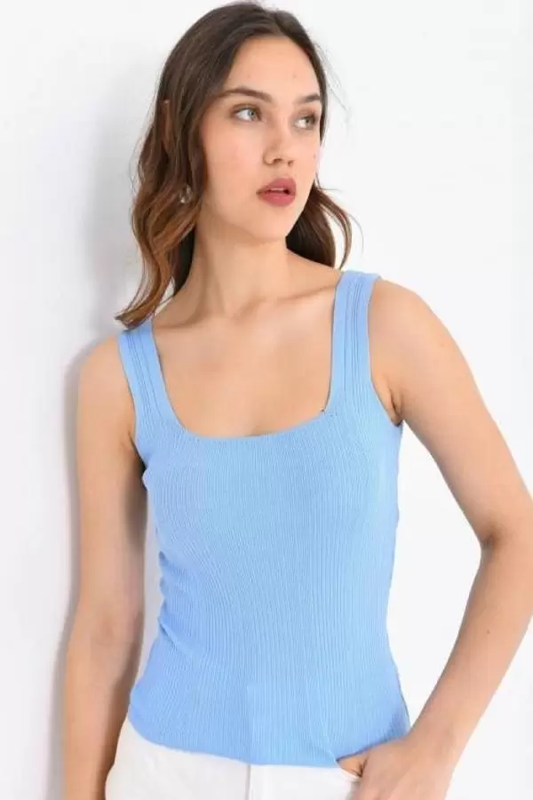 Askılı Kare Yaka Crop Triko Bebe Mavi Kadın Bluz