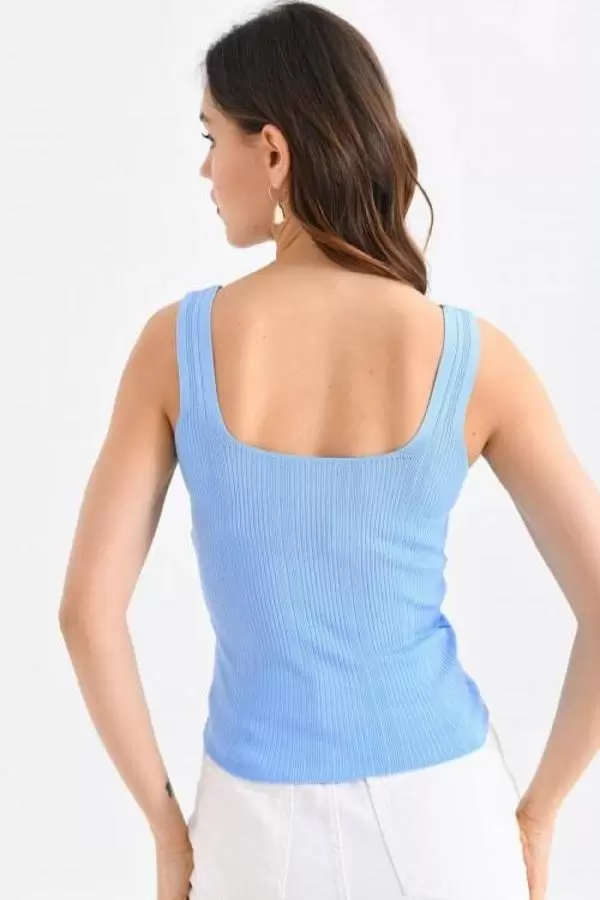 Askılı Kare Yaka Crop Triko Bebe Mavi Kadın Bluz