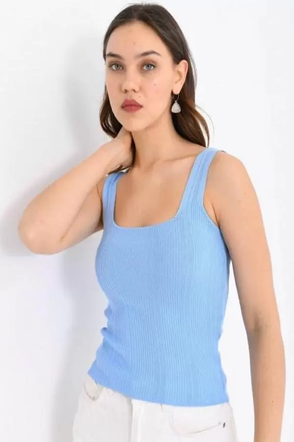 Askılı Kare Yaka Crop Triko Bebe Mavi Kadın Bluz