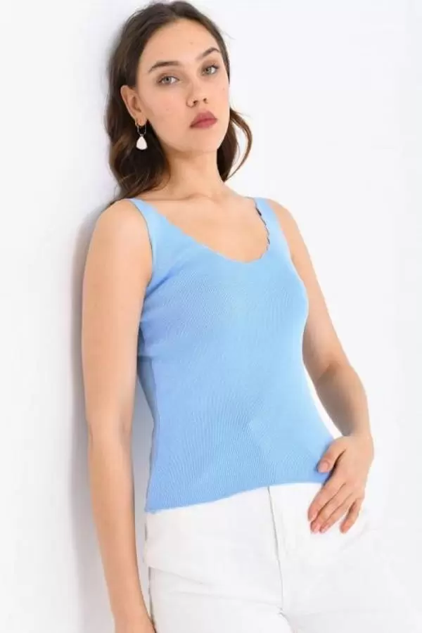 Askılı Merdiven Desenli Kadın Bebe Mavi Crop Triko Bluz