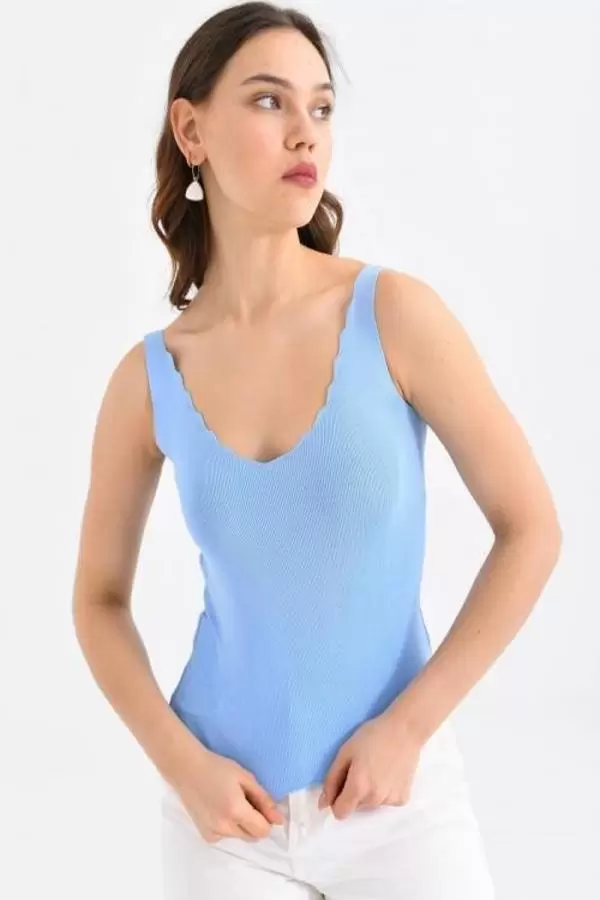 Askılı Merdiven Desenli Kadın Bebe Mavi Crop Triko Bluz