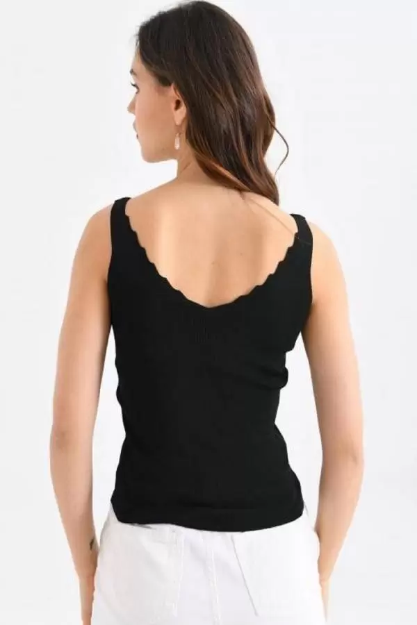 Askılı Merdiven Desenli Kadın Siyah Crop Triko Bluz