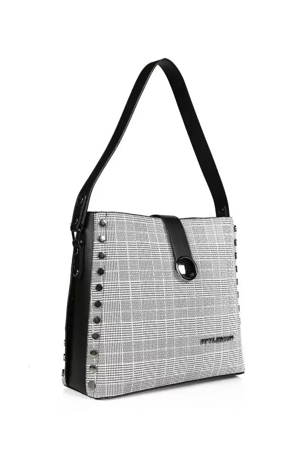 Askılı Önden Tokalı ve Düğme Çakımlı Gri Ekose Tote Çanta